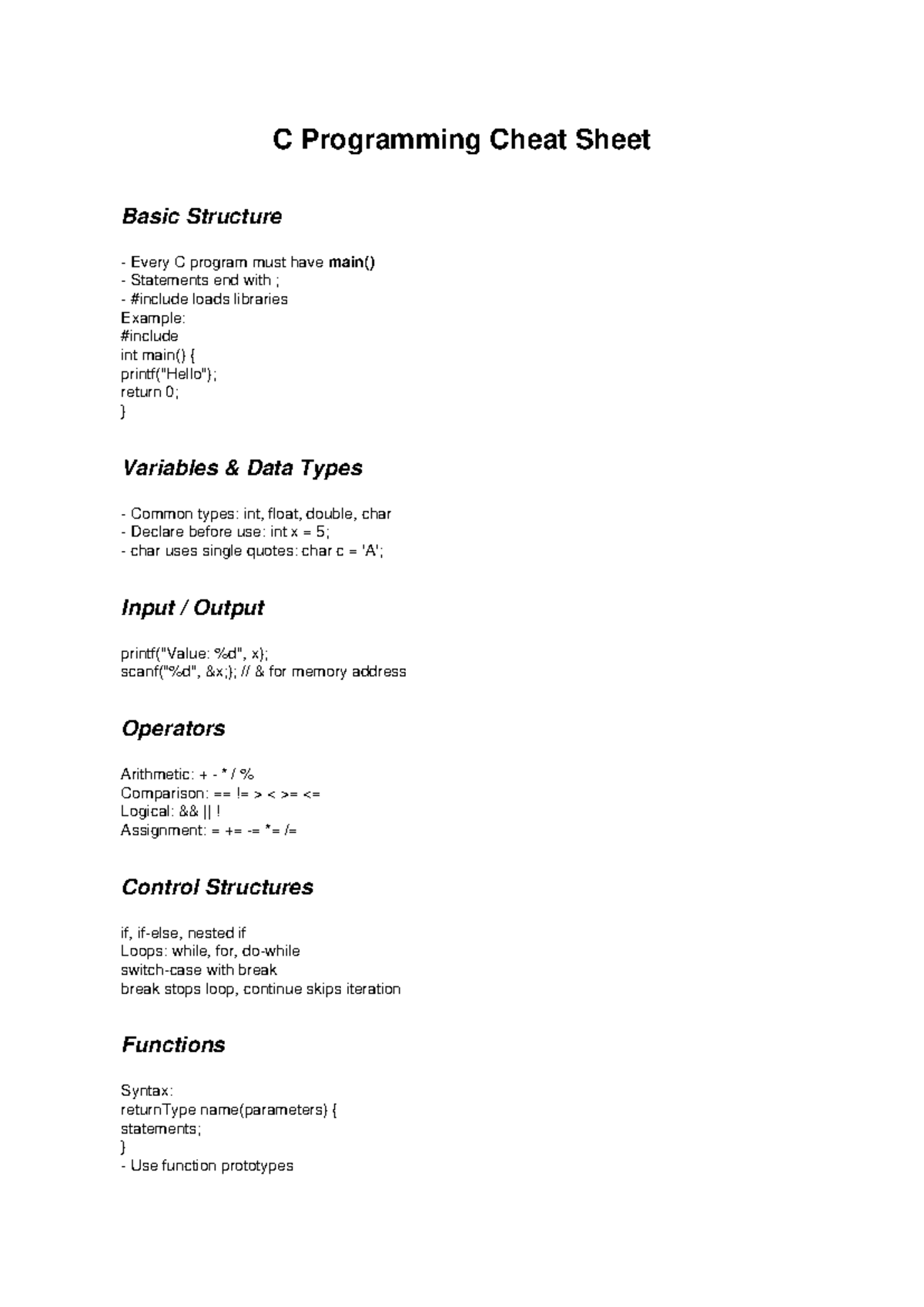 C Cheat Sheet - none - C Programming Cheat Sheet Basic Structure Every ...