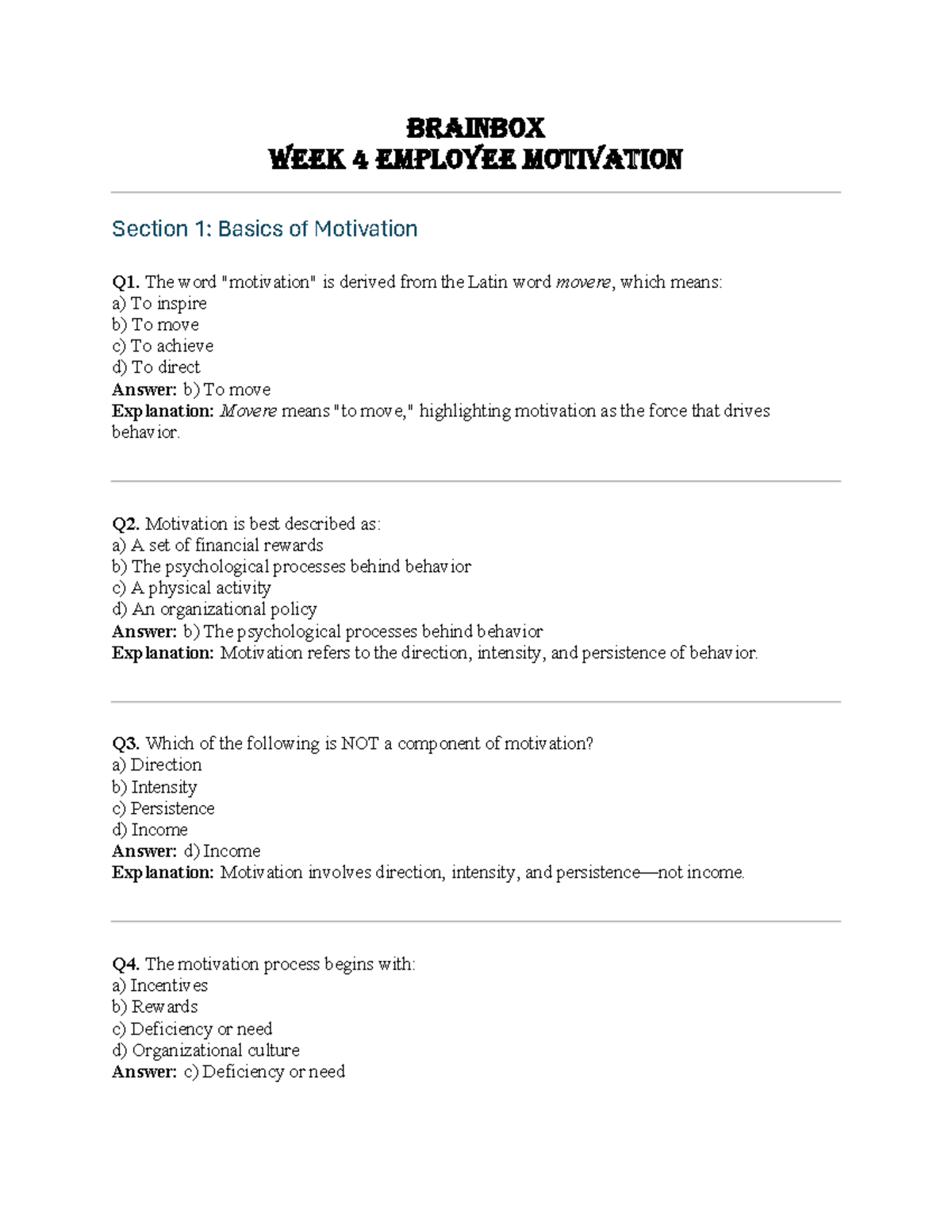 Week 4 Employee Motivation: Key Concepts and Theories - Studocu