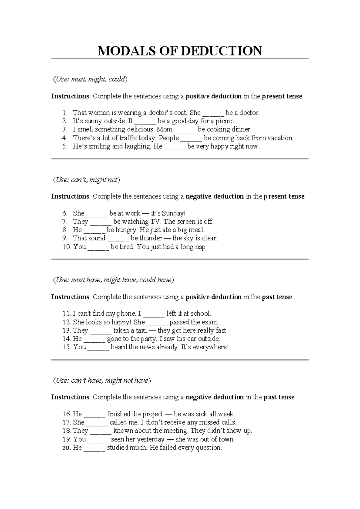 Modals of Deduction: Present & Past Deductions Exercises (ENG 101 ...