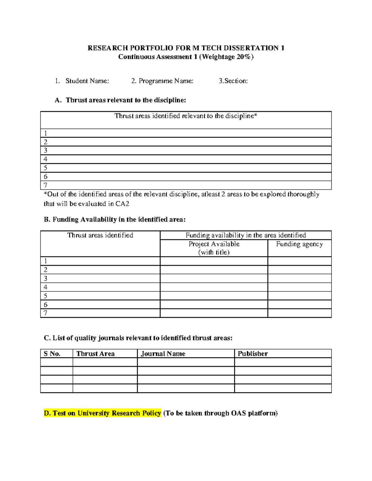Research Portfolio for M Tech Dissertation CA1 - Continuous Assessment ...