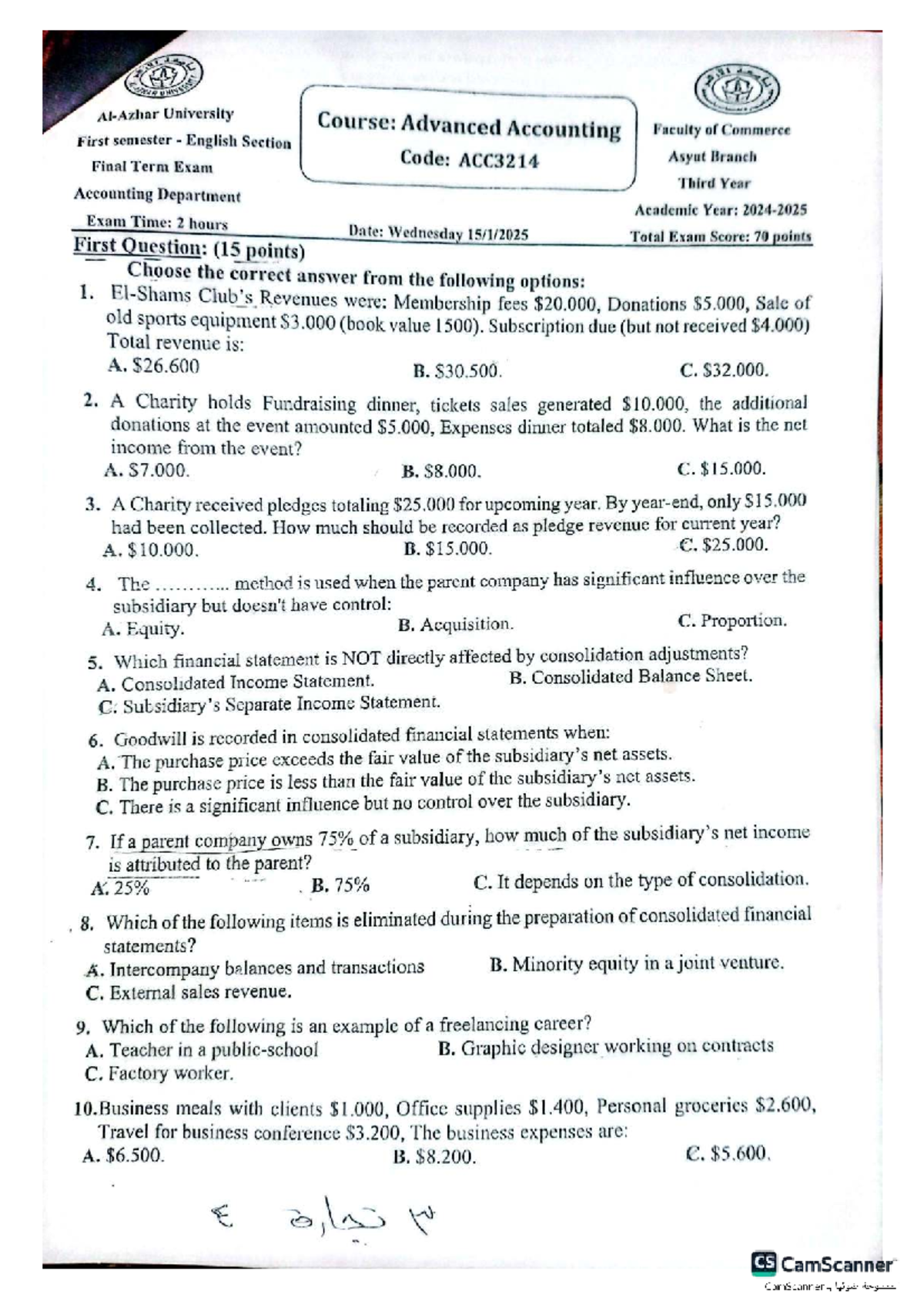 ACC3214 Final Exam: Advanced Accounting Questions and Answers - Studocu