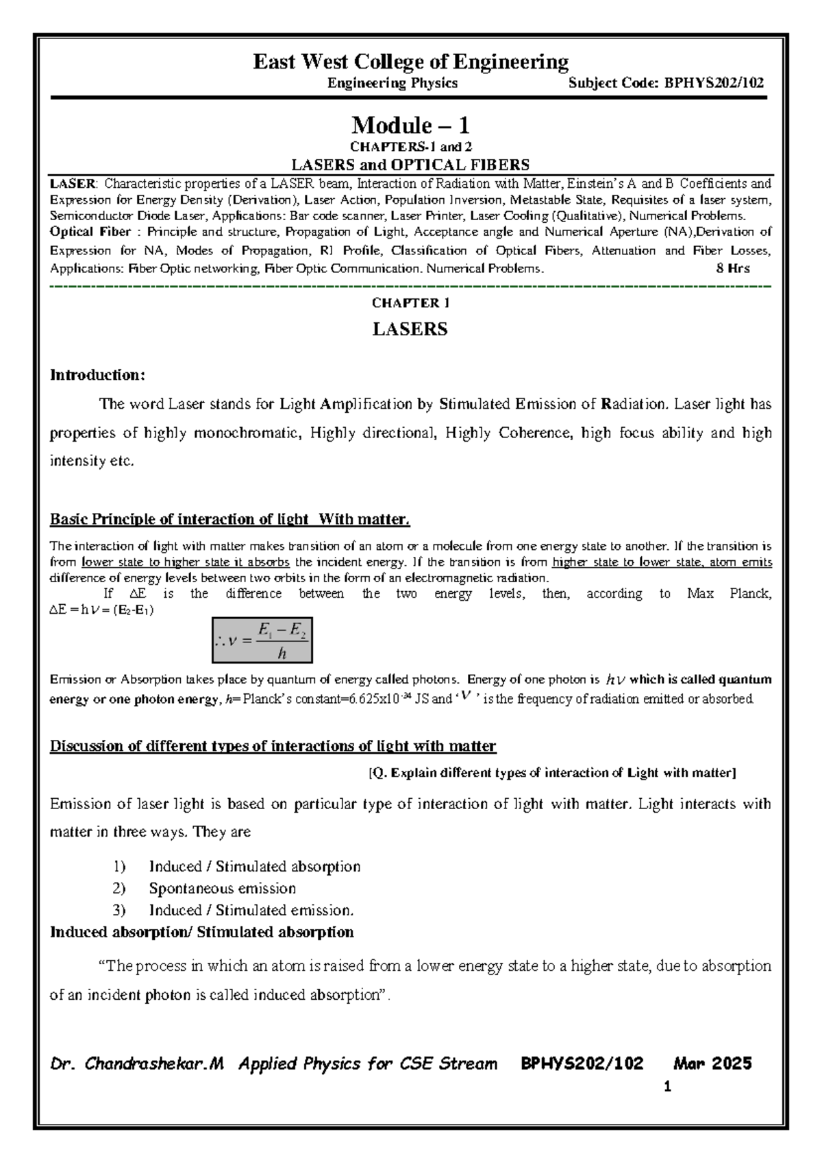 Module 1: LASERS & Optical Fibers - Engineering Physics CSE Jun 2023 ...