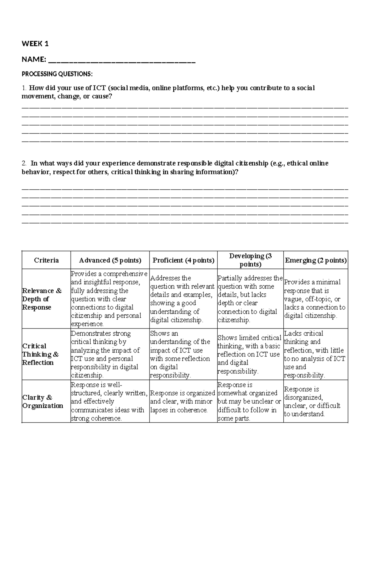 WEEK 1: Processing Questions on ICT & Digital Citizenship - Studocu