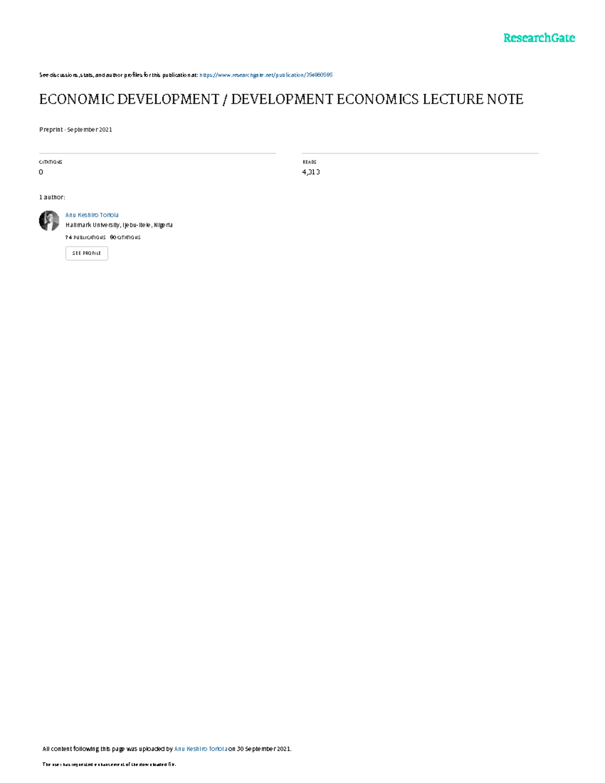 ECON 101: Economic Development & Development Economics Lecture Notes ...
