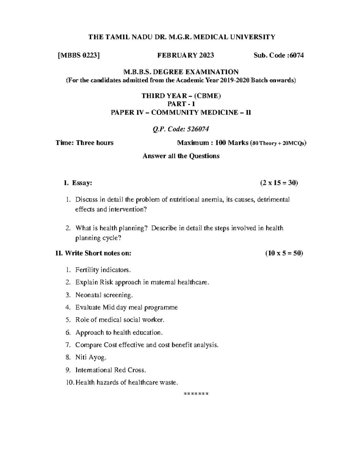 M.B.B.S. Community Medicine II Exam Notes (Sub. Code: 6074) - Studocu