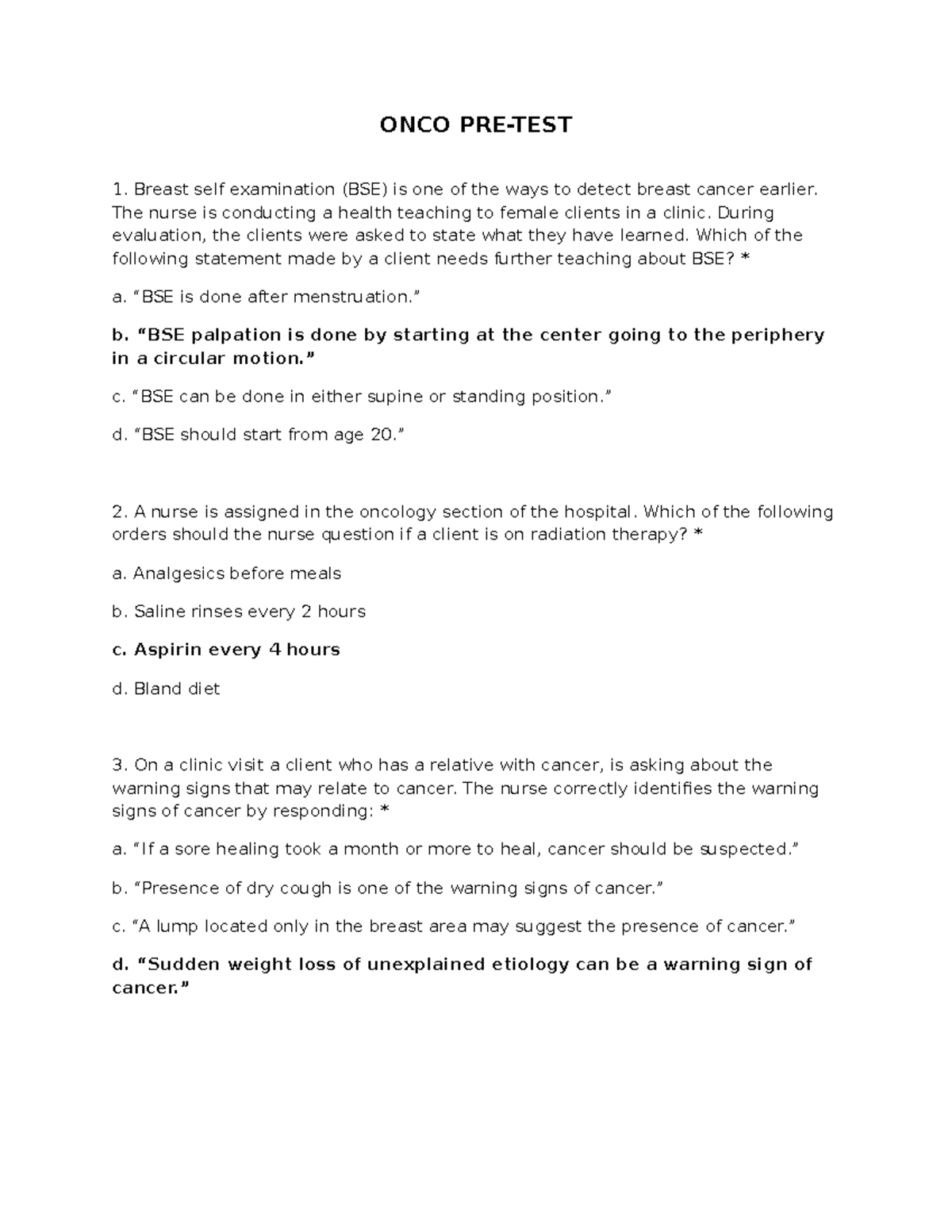 ONCO 101 PRE-TEST QUIZ: Key Concepts in Oncology Care - Studocu