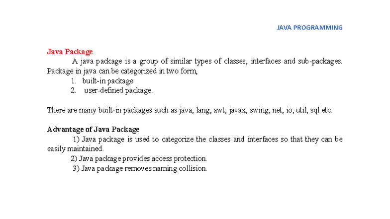 JAVA PROGRAMMING: Unit 3 Session 11 - Java Packages Overview - Studocu