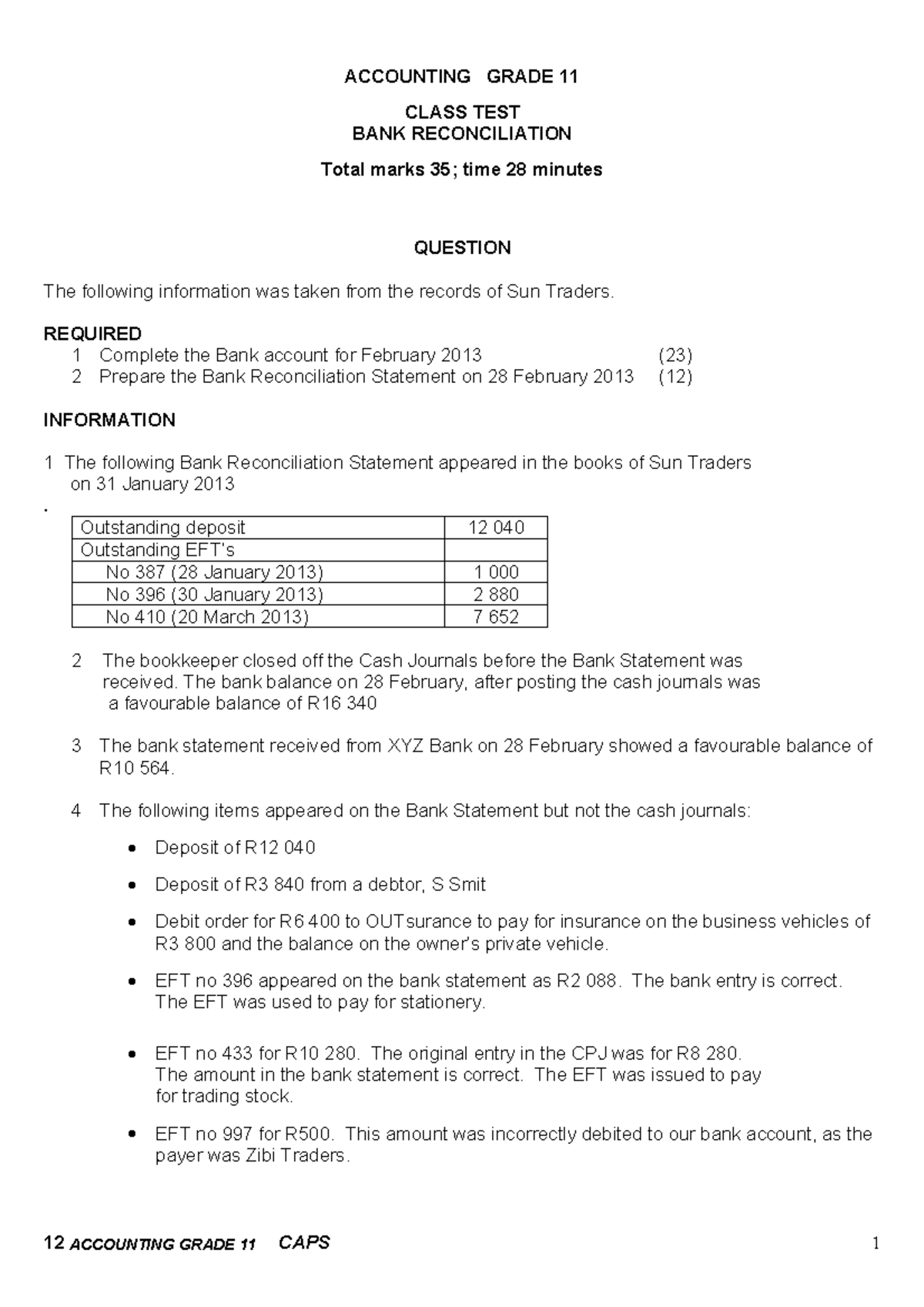 Grade 11 Accounting Class Test: Bank Reconciliation Overview - Studocu
