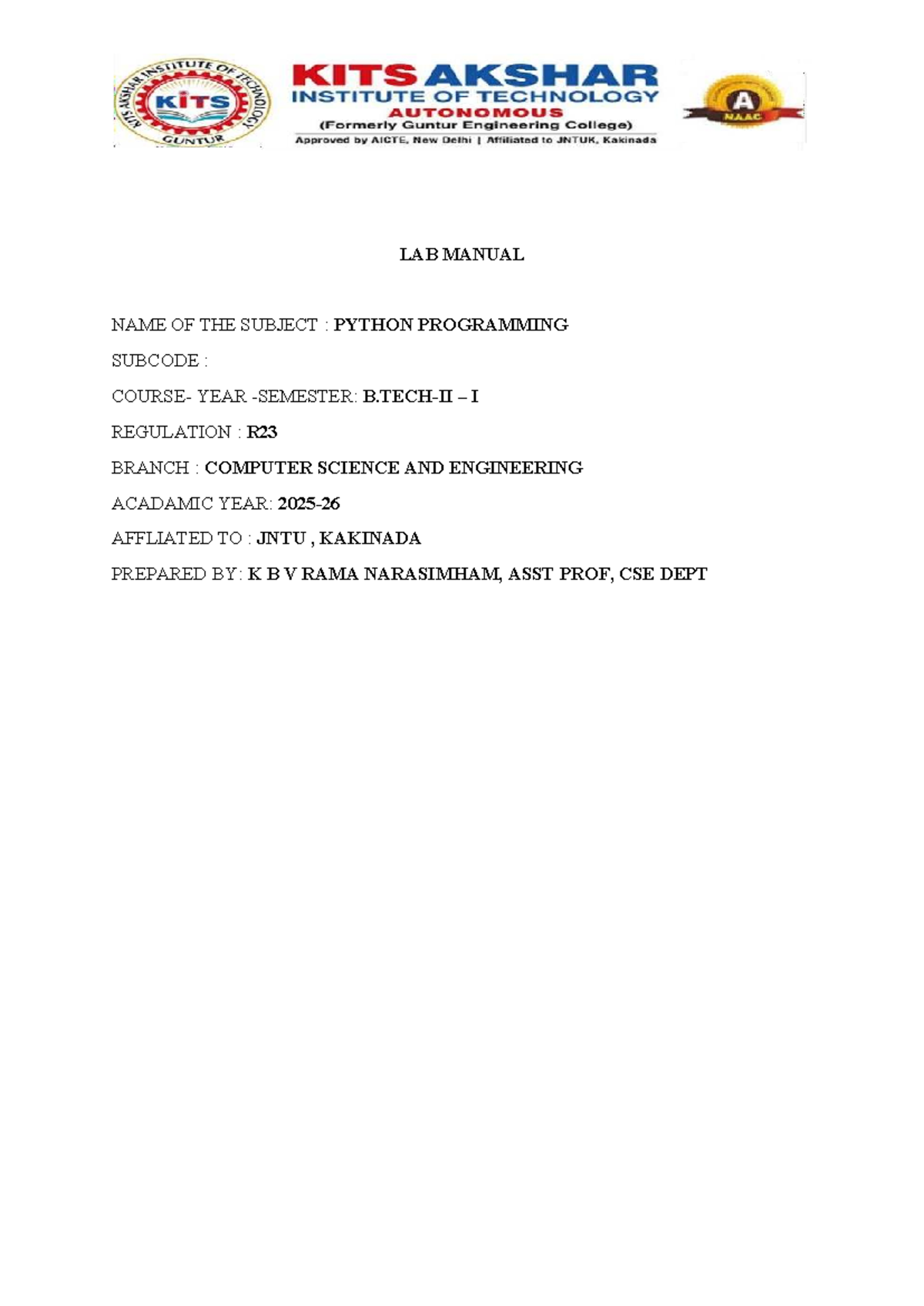 Python Programming Lab Manual (CSE Year I, R23) - Studocu