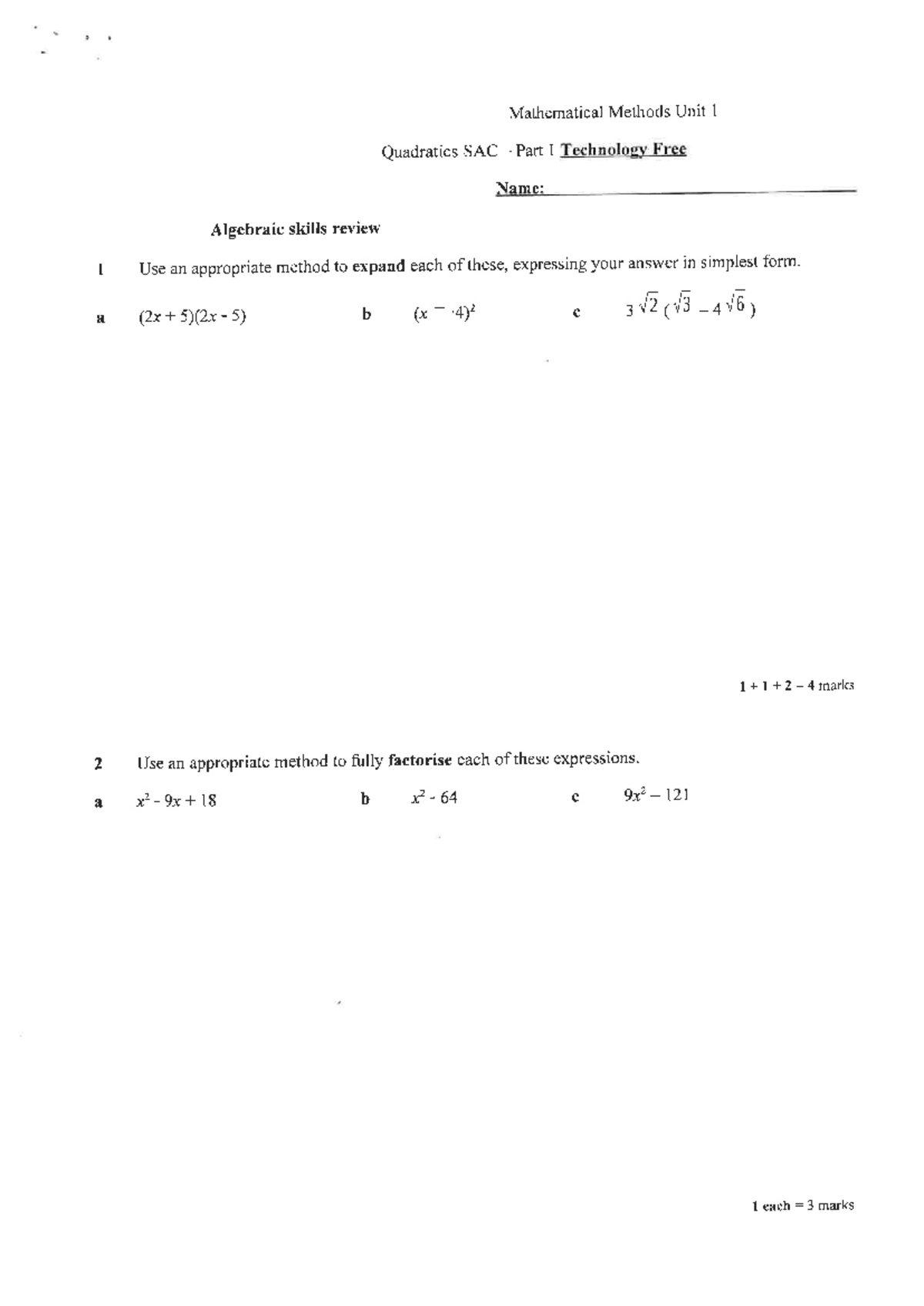 Mathematical Methods Unit 1: Quadratics Practice SAC - Studocu