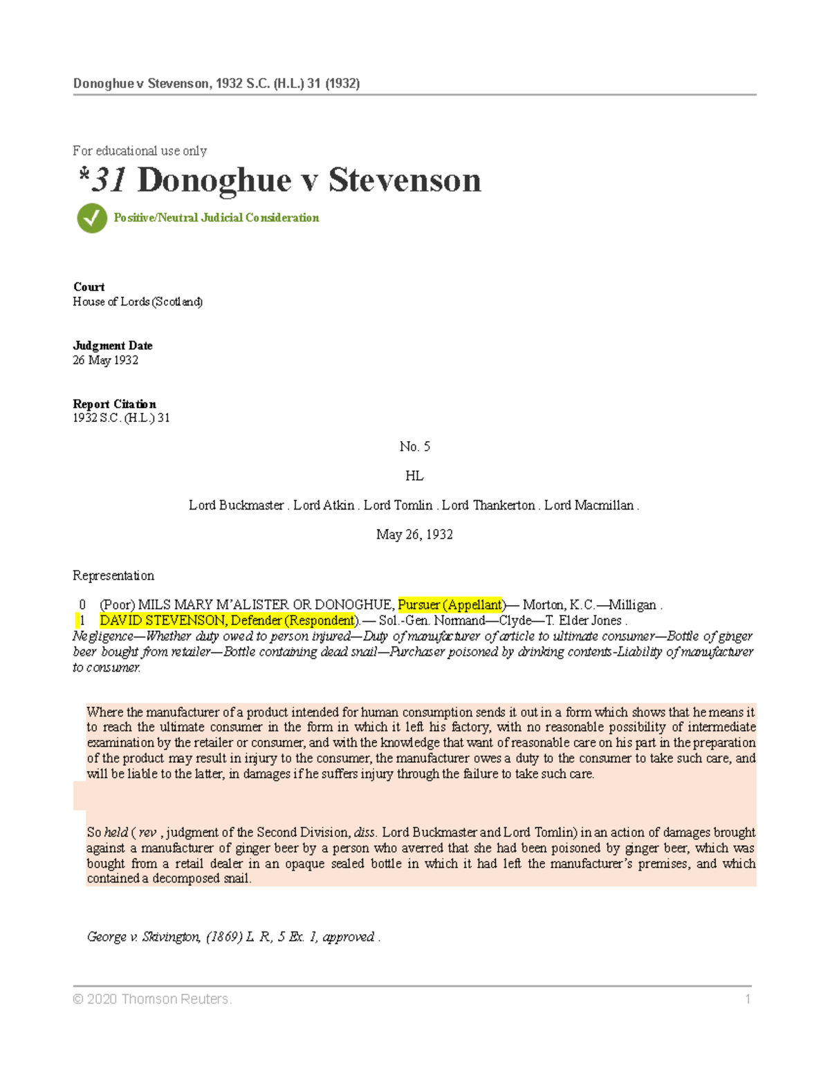 Annotated Case Study: Donoghue v Stevenson (HL 1932) Analysis - Studocu