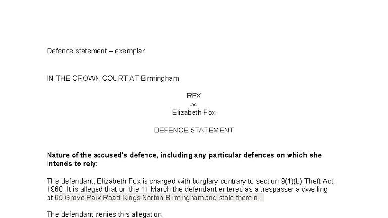 Defence Statement Exemplar for CLP WS6: Elizabeth Fox Case - Studocu