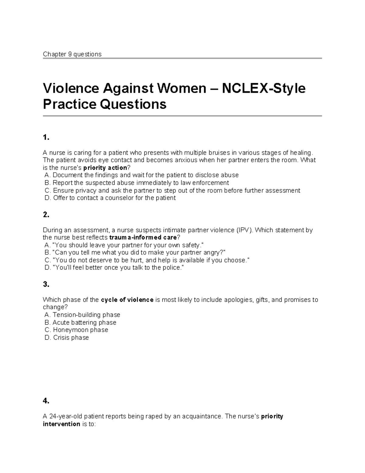 Chapter 9 NCLEX-Style Questions on Violence Against Women - Studocu