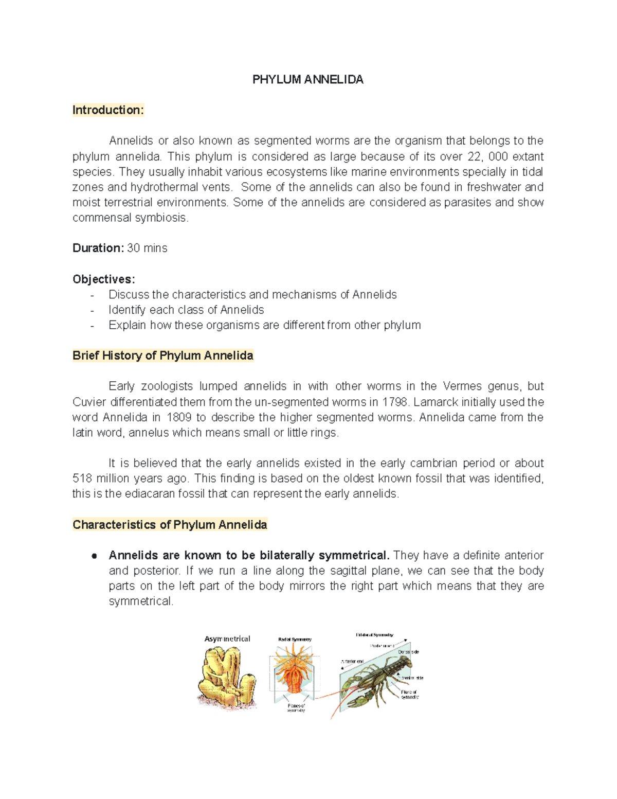Phylum Annelida: Characteristics, Classes & Historical Overview - Studocu