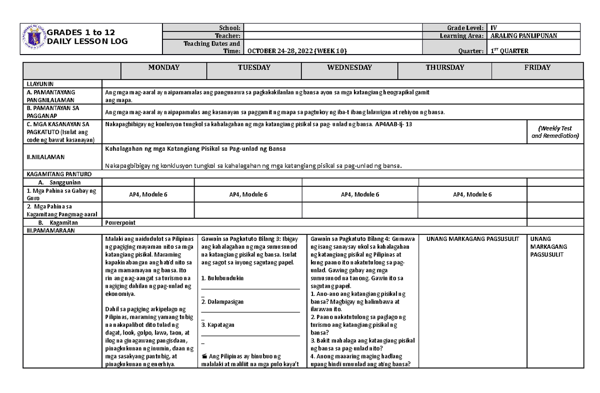 DLL Araling Panlipunan 4 Q1 W10 - GRADES 1 to 12 DAILY LESSON LOG ...
