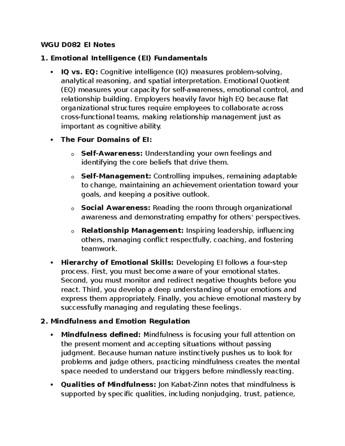 WGU D082 Emotional Intelligence (EI) Notes: Key Concepts Overview - Studocu