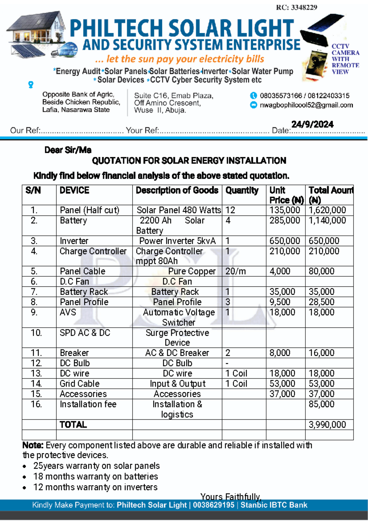 Pure water factory - Solar installation audit - 24/9/ Dear Sir/Ma ...