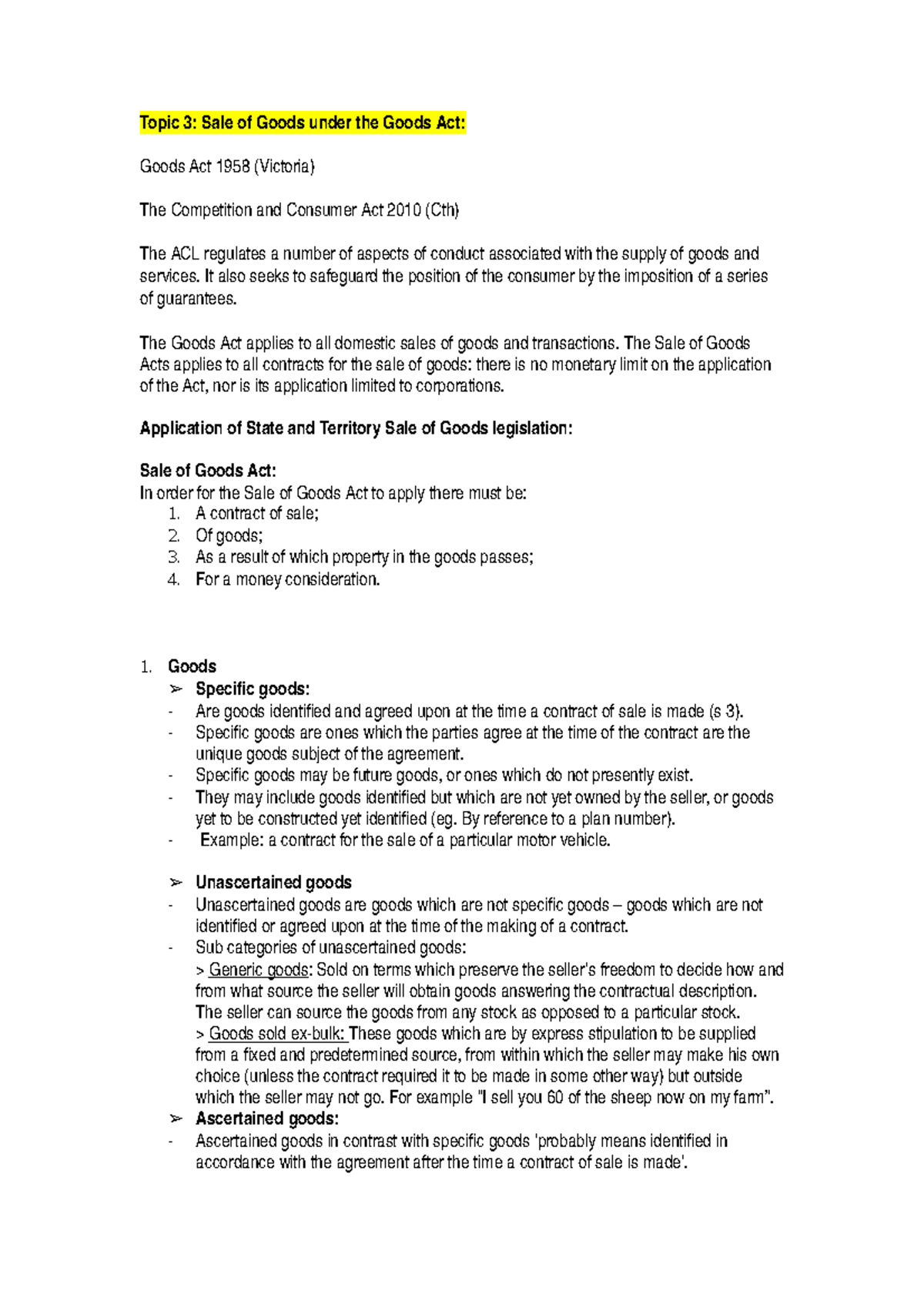 Sale of Goods Act Notes: Key Concepts and Applications (LAW101) - Studocu