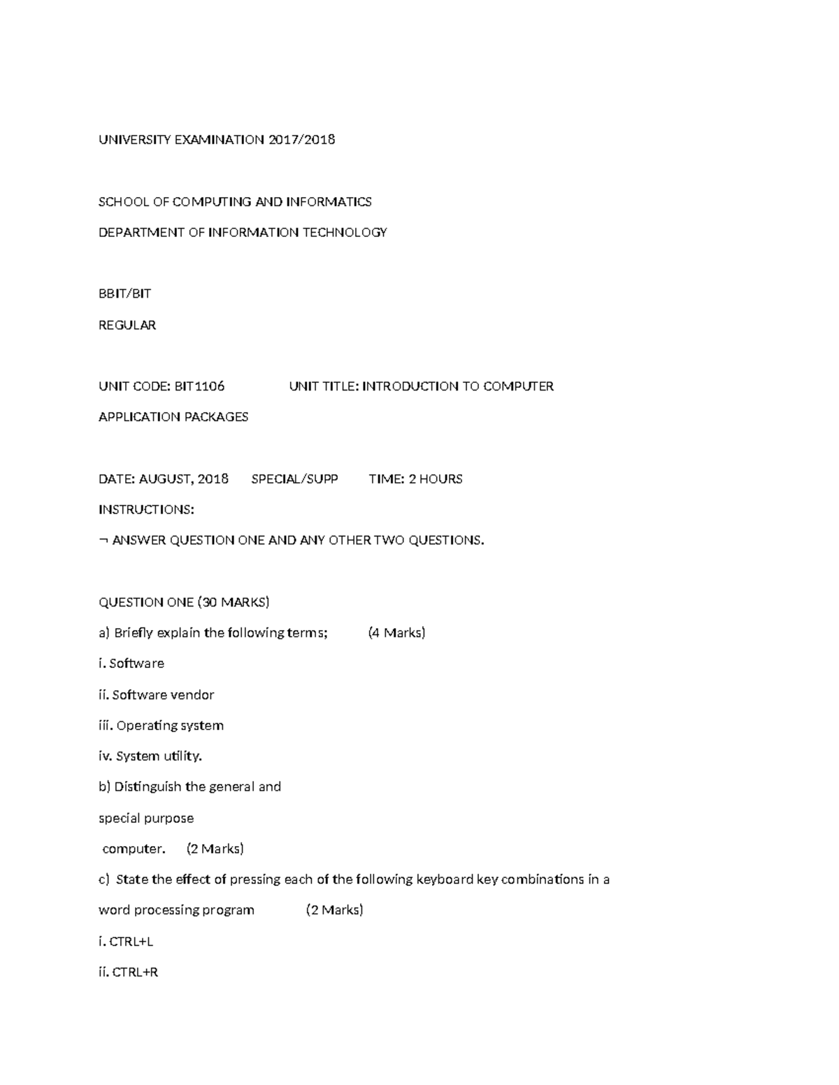 COMP APP PACK - computer - UNIVERSITY EXAMINATION 2017/ SCHOOL OF ...