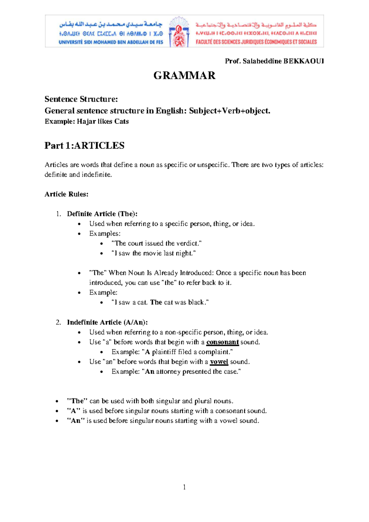 Grammar revision for S1 exam: Sentence structure and article rules ...