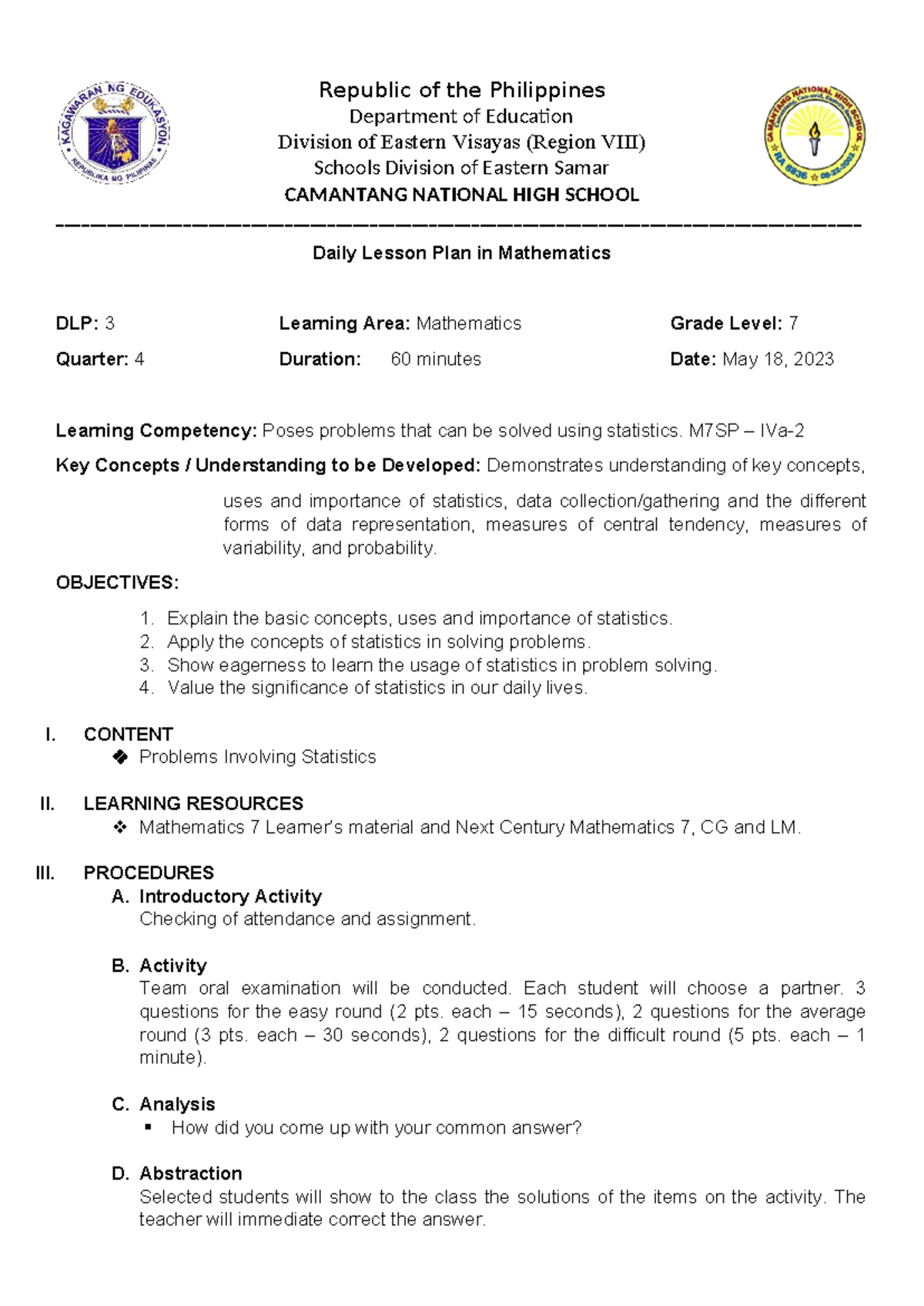 DLP: 3 MATH 7 Daily Lesson Plan on Statistics (4th Quarter) - Studocu