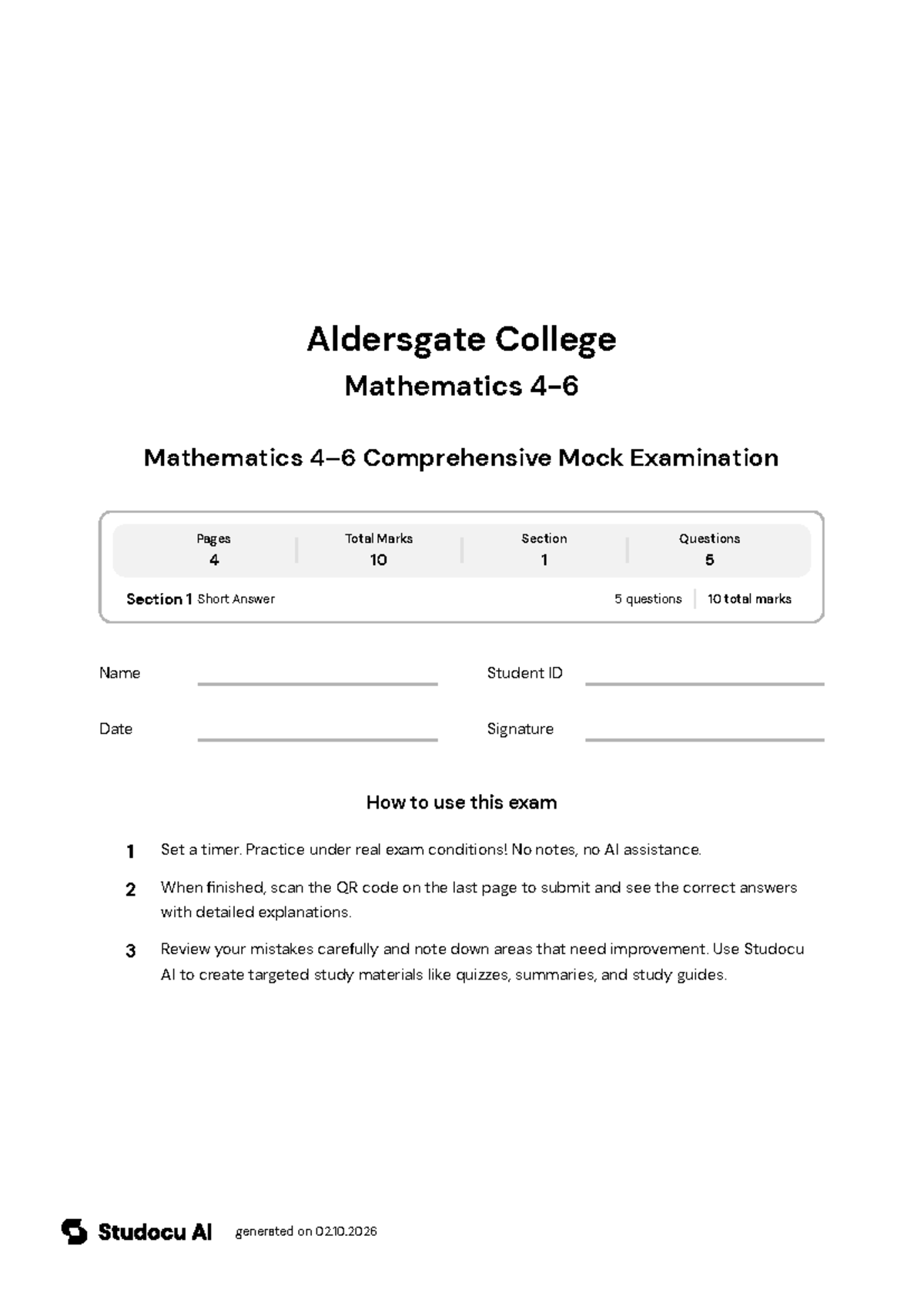 Mathematics 4-6 Comprehensive Mock Exam - Studocu