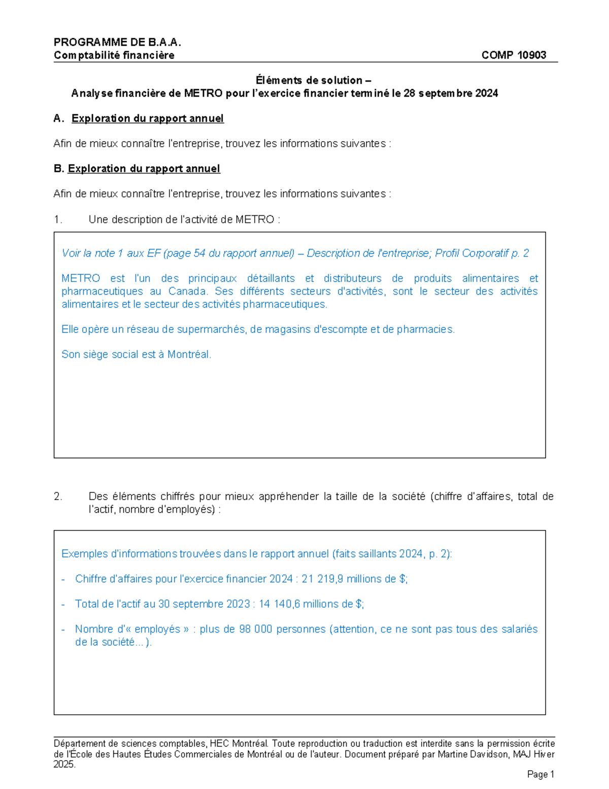 Analyse financière de METRO - COMP 10903 - Éléments de solution 2024 ...