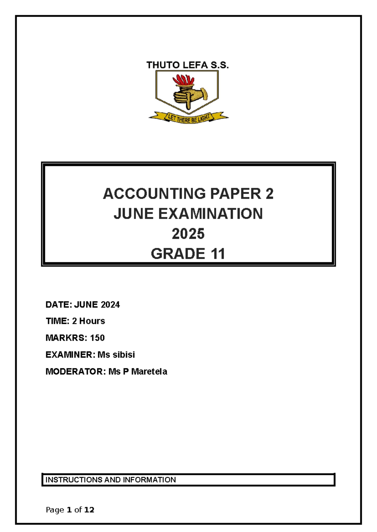 Grade 11 Accounting Paper 2 June Exam 2025 - Instructions & Info - Studocu