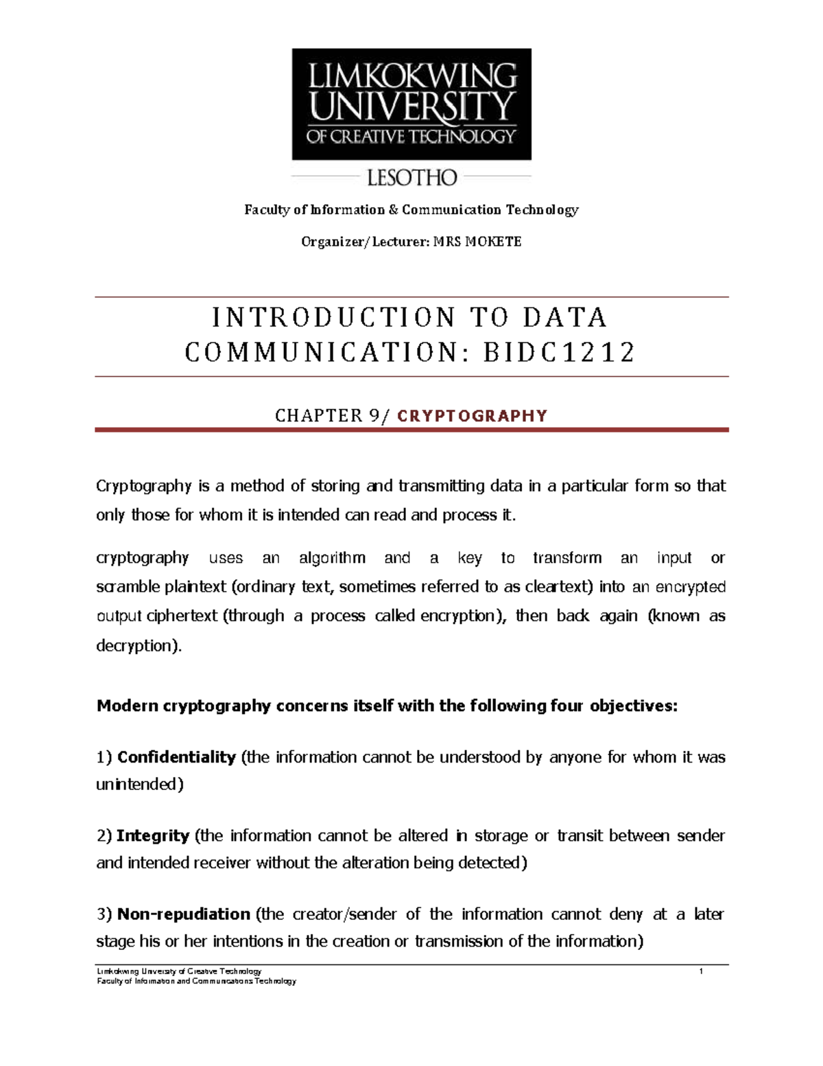 BIDC1212: Lecture Notes on Cryptography - Chapter 9 Overview - Studocu
