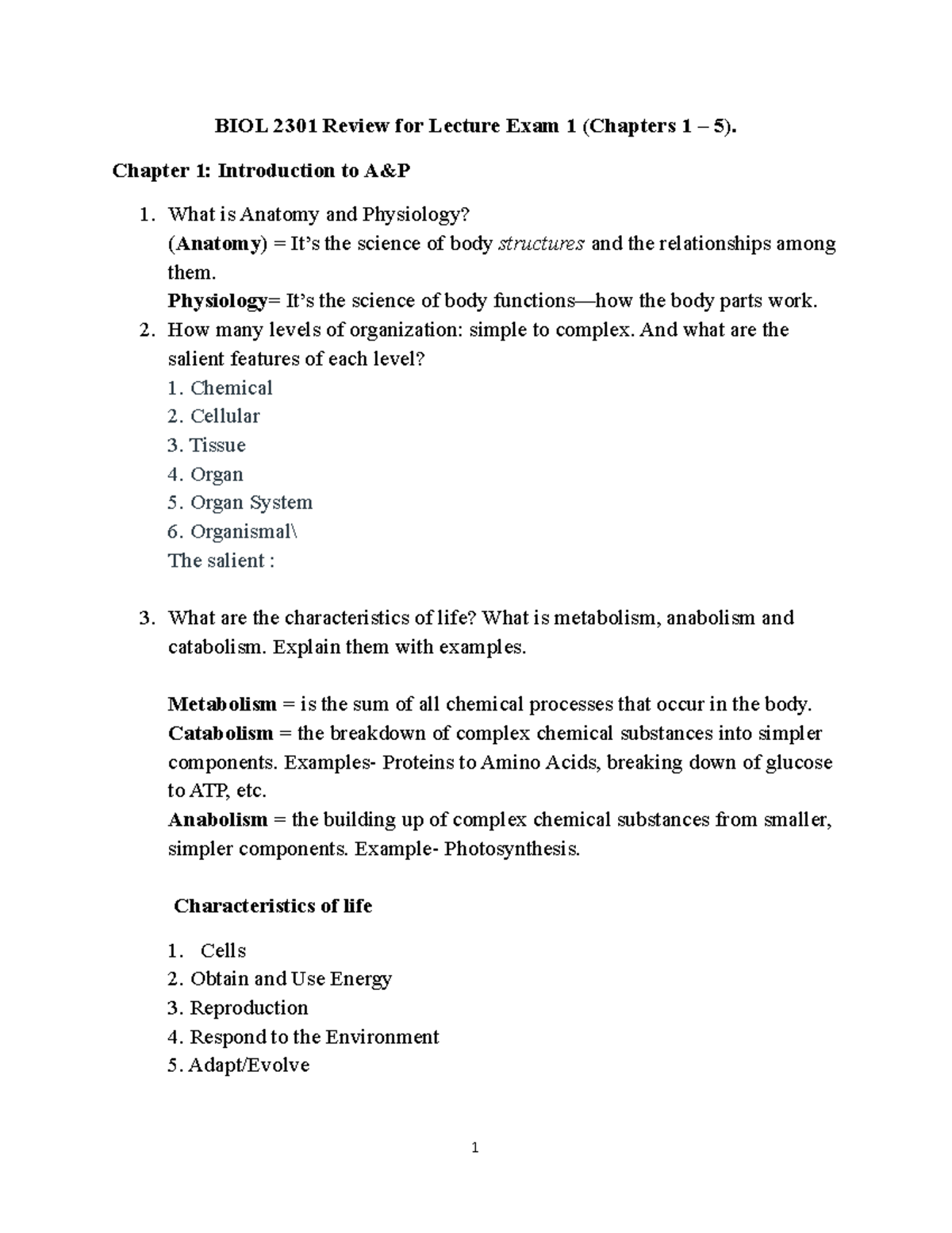 Review for Lecture Exam 1 of anatomy and physiology - BIOL 2301 Review ...