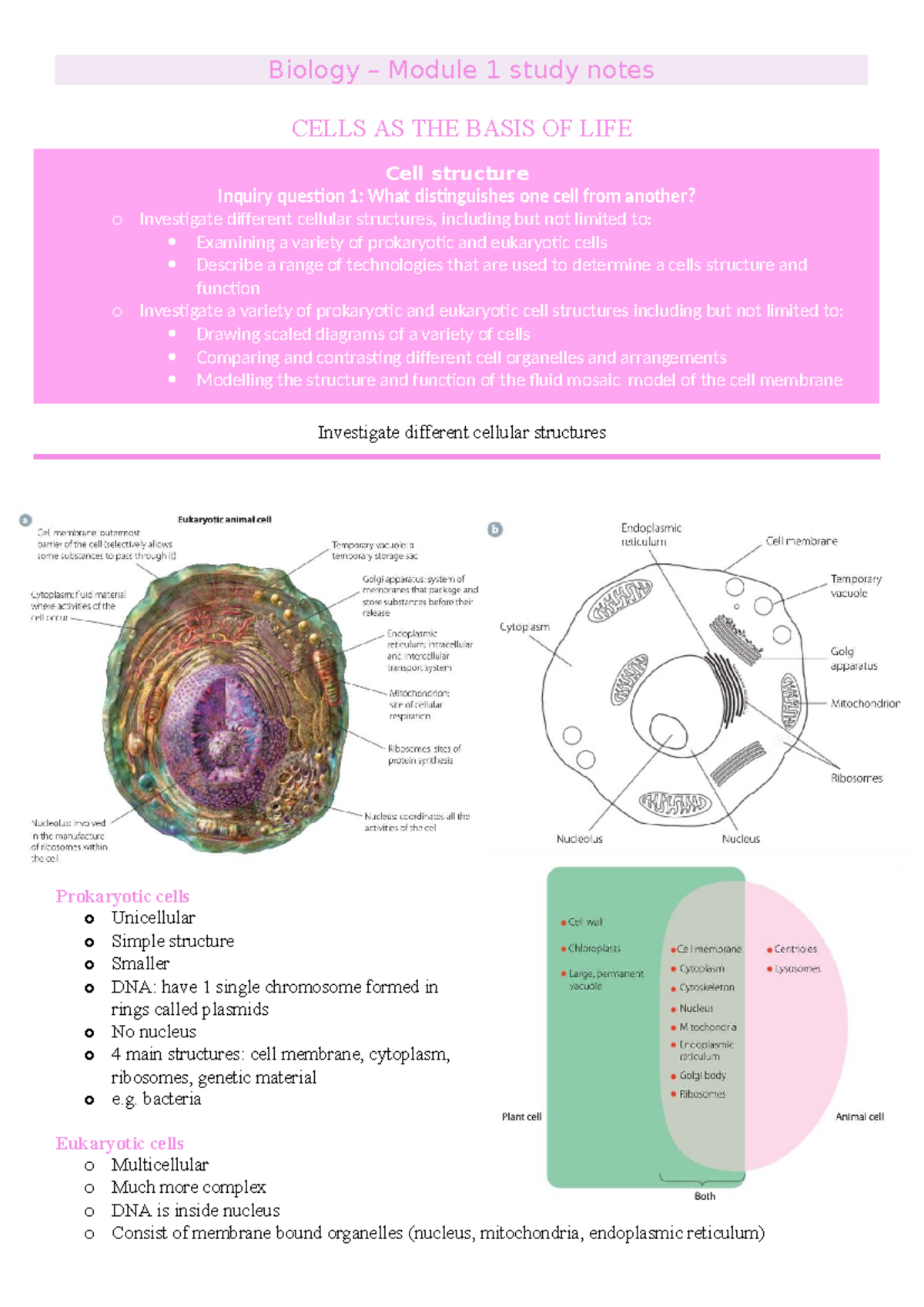 Biology Module 1 Study Notes: Cells as the Basis of Life - Studocu