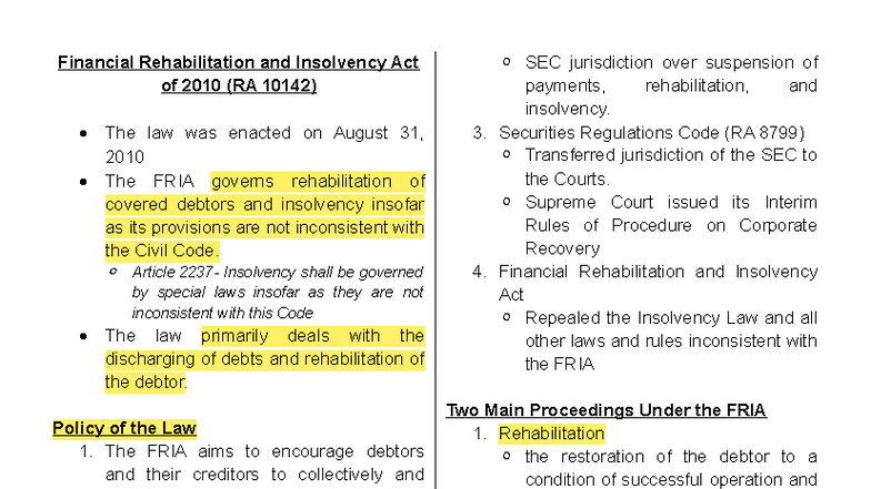 FRIA 10142: Comprehensive Lecture Notes on Financial Rehabilitation and ...