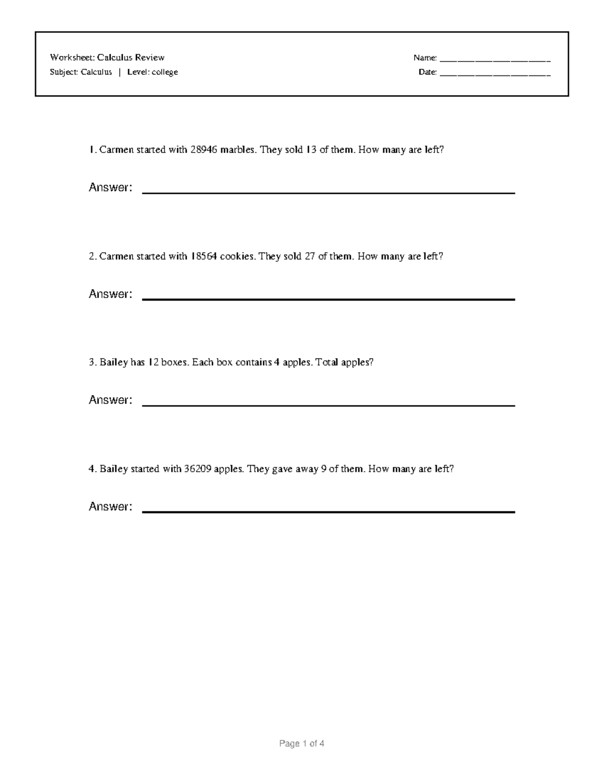 Calculus Review Worksheet: Problem Set & Answer Key - Studocu