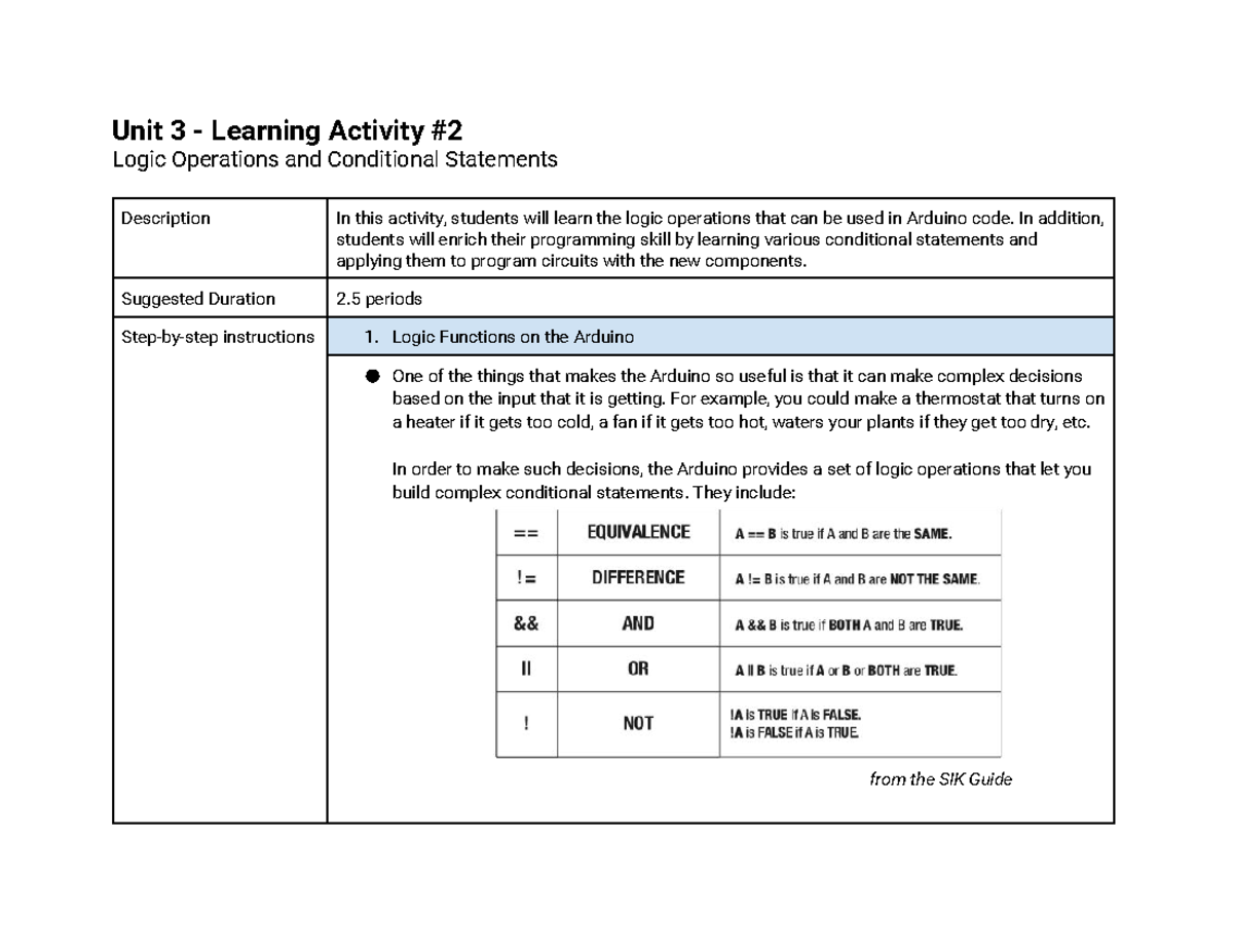 Grade 9 la2 arduinophysicalcomputing unit3 - Unit 3 - Learning Activity ...