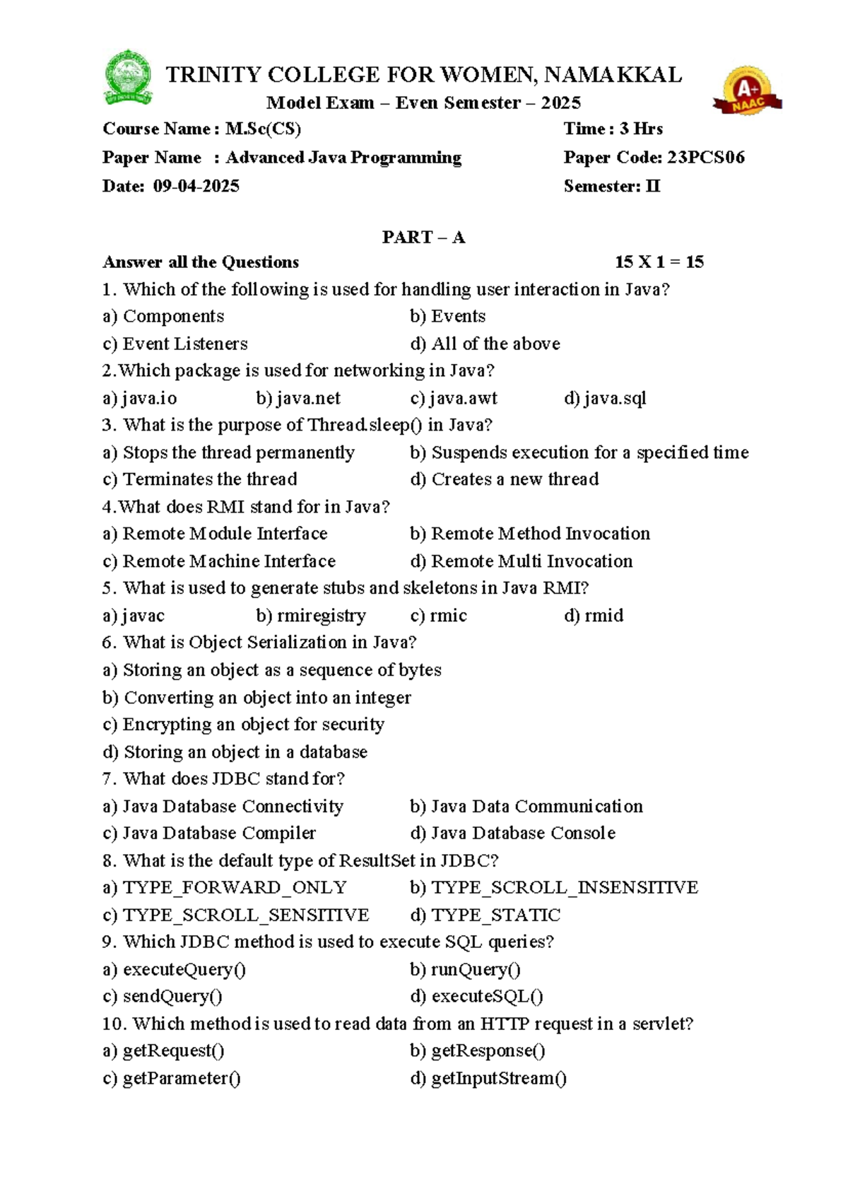 Advanced Java Programming Model Exam - M.Sc(CS) 23PCS06 - Studocu