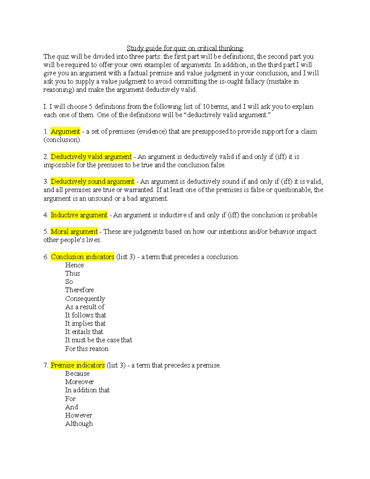 Study Guide for Critical Reasoning Quiz 1: Definitions & Examples - Studocu