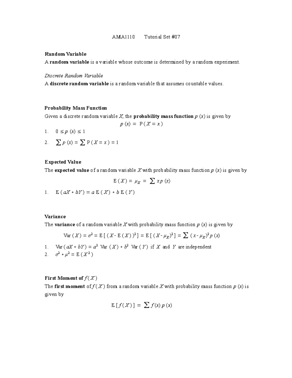 AMA1110 - Tutorial 7: Random Variables and Probability Distributions ...