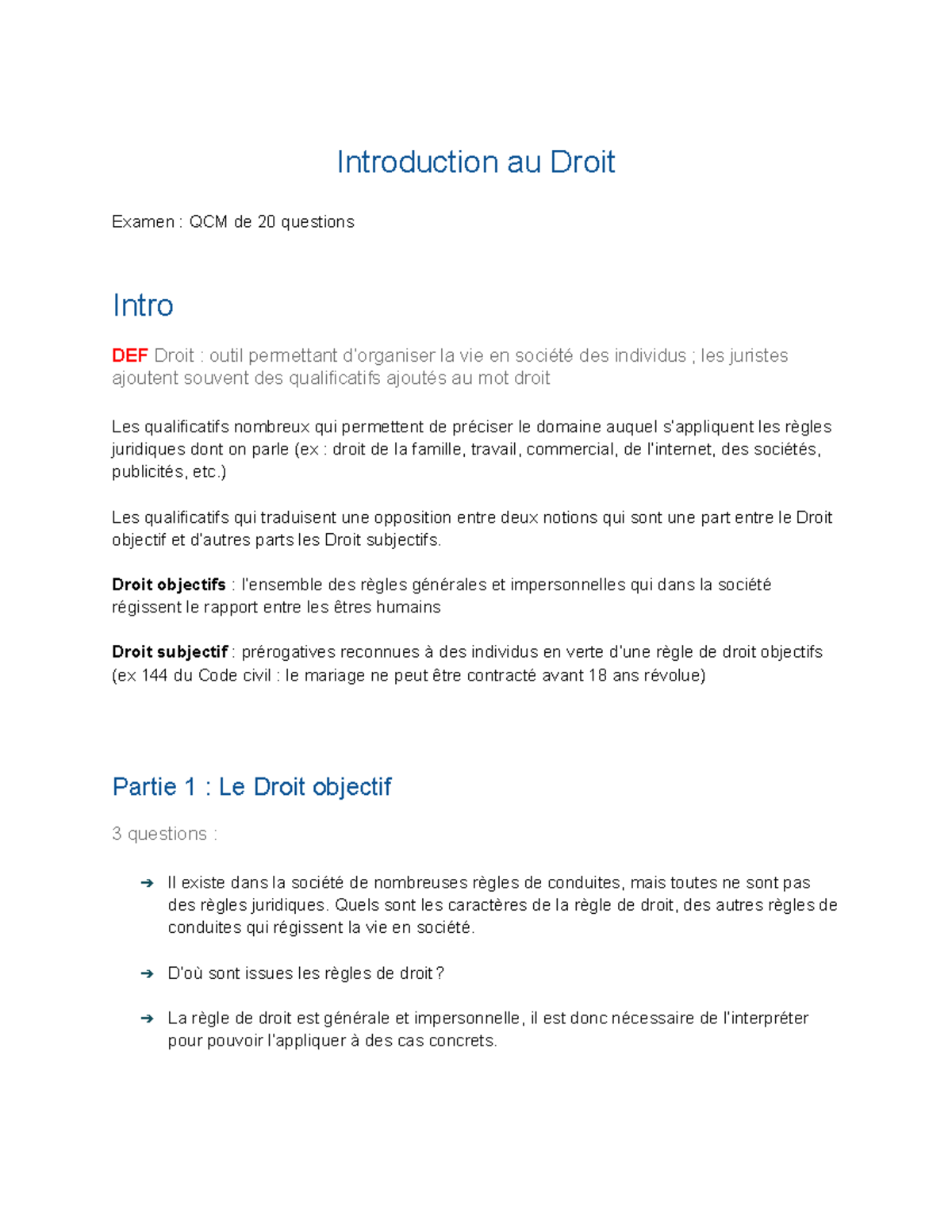 Cours de Droit - Examen : Introduction au Droit et QCM de 20 Questions ...