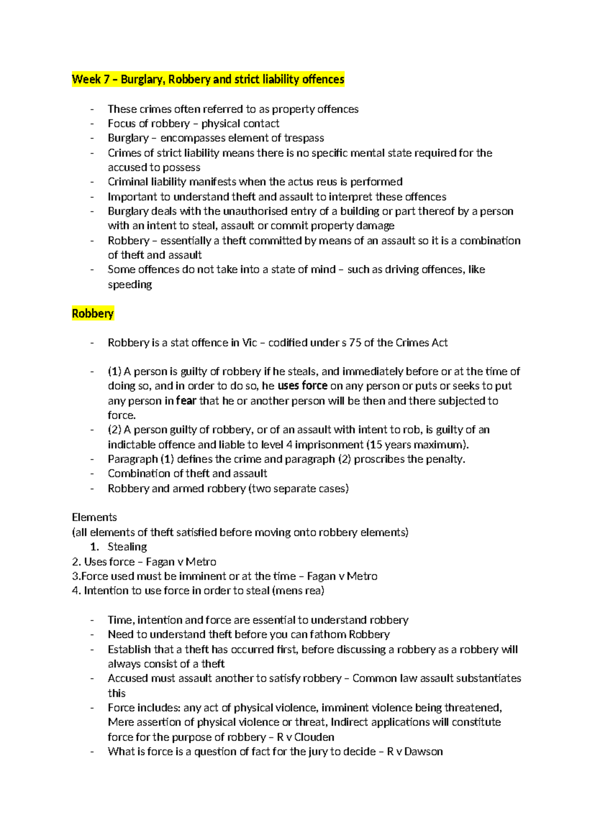 Week 7 - Burglary, Robbery & Strict Liability Offences - Notes - Studocu