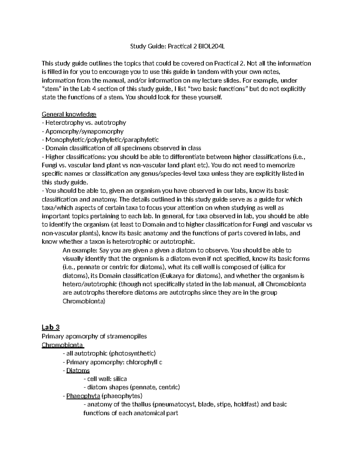 Practical 2 Study Guide for BIOL204L: Key Topics & Concepts - Studocu
