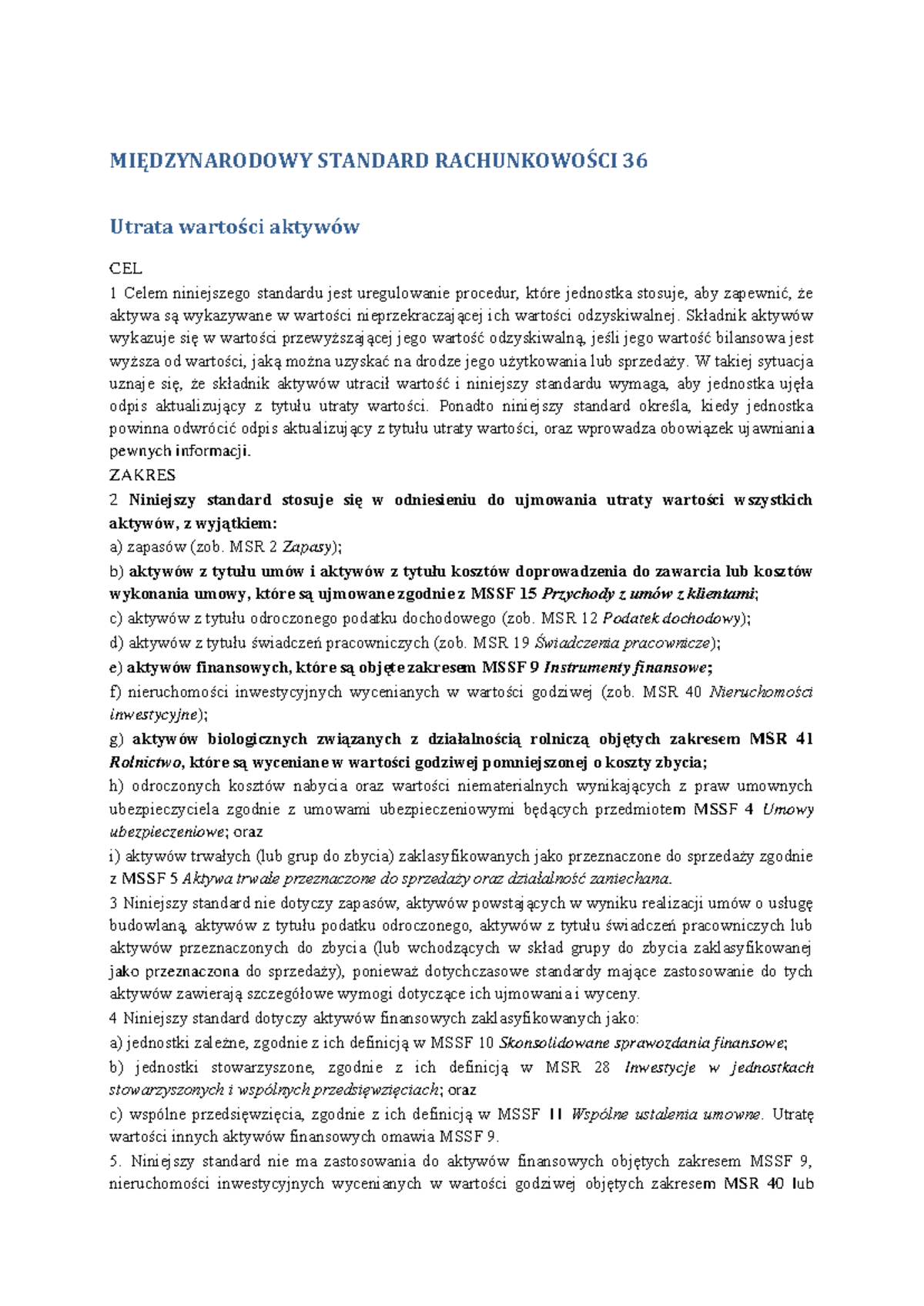 MSR 36 Utrata Wartości Aktywów – Zasady i Rozpatrzenie Utraty - Studocu
