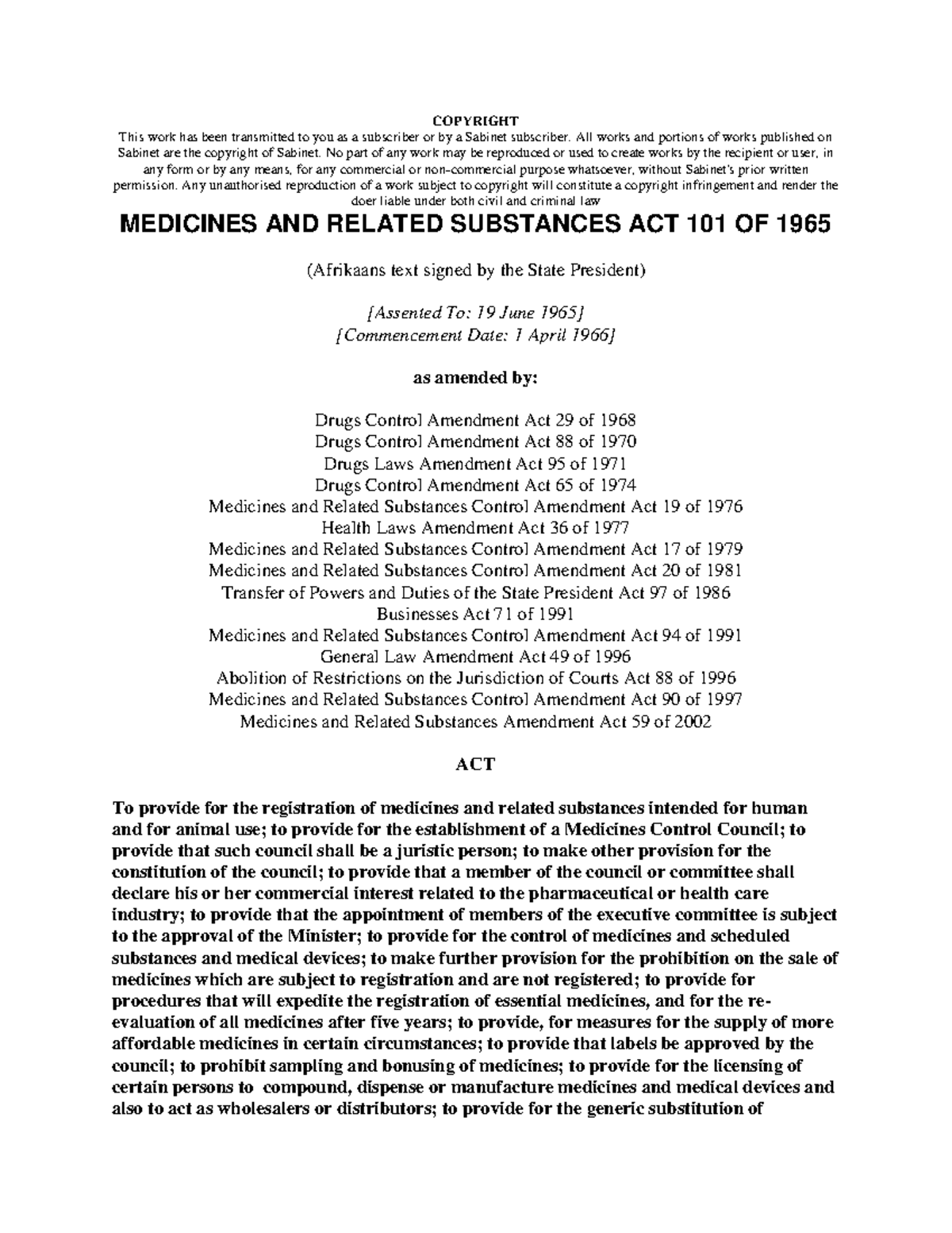 Medicines and Related Substances Control Act 101 of 1965 Overview - Studocu