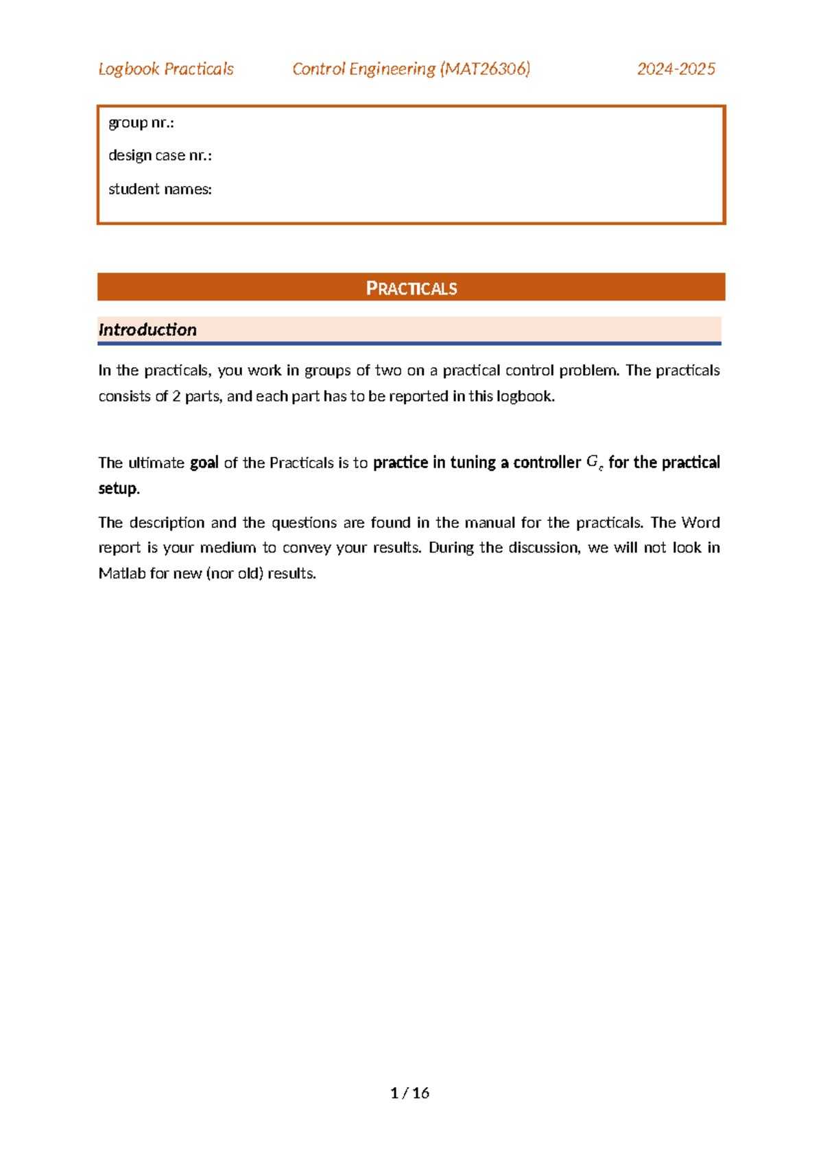 Logbook Practicals for Control Engineering (MAT26306) - Studeersnel