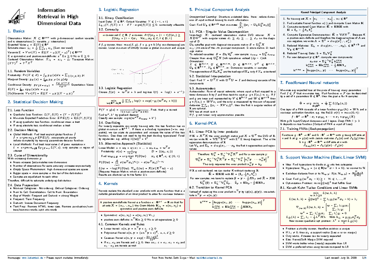 Info Retrieval Cheat Sheet V1: High Dimensional Data Analysis - Studocu