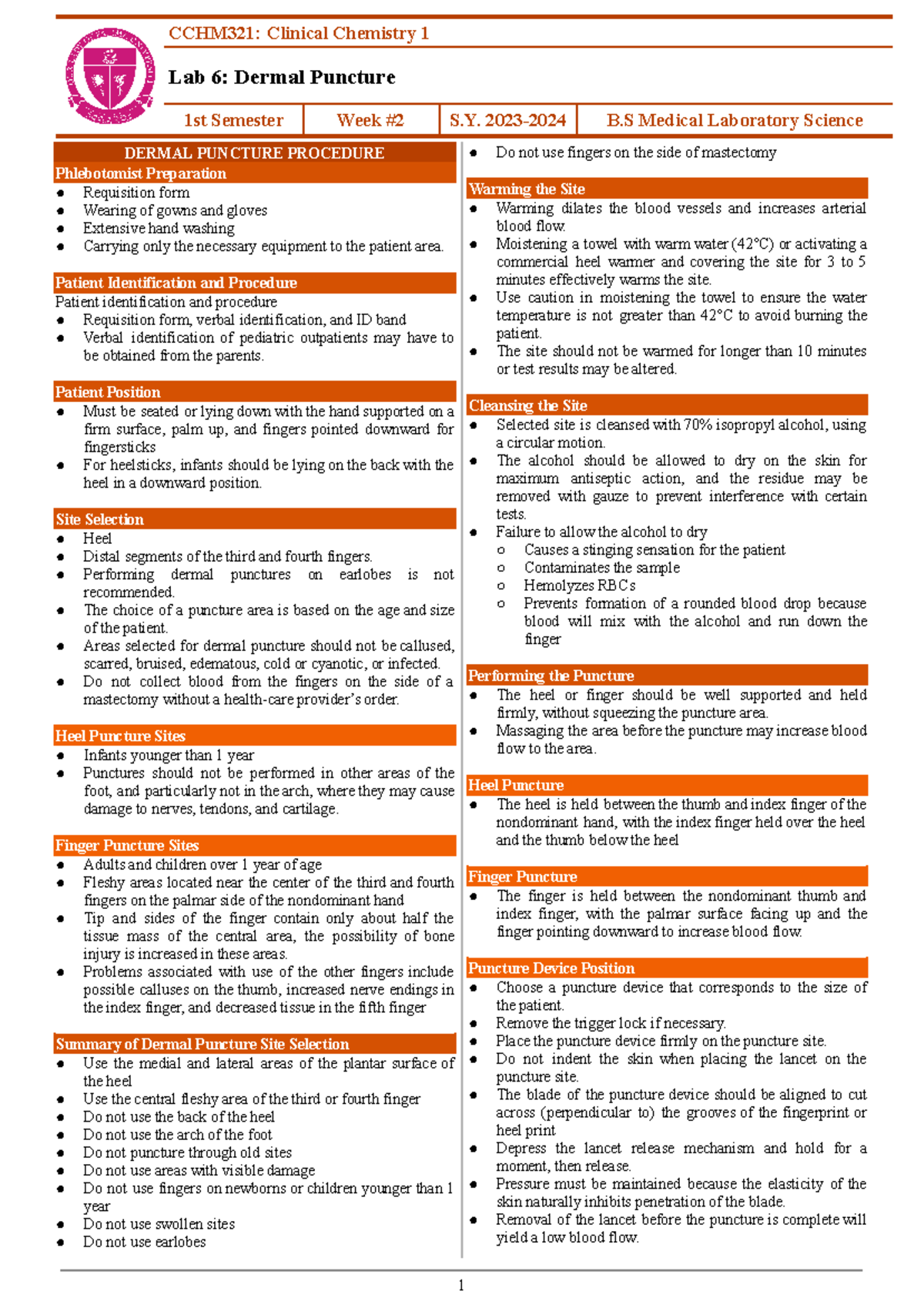 CCHM321 Week 2 Lab 6 Dermal Puncture - CCHM321: Clinical Chemistry 1 ...