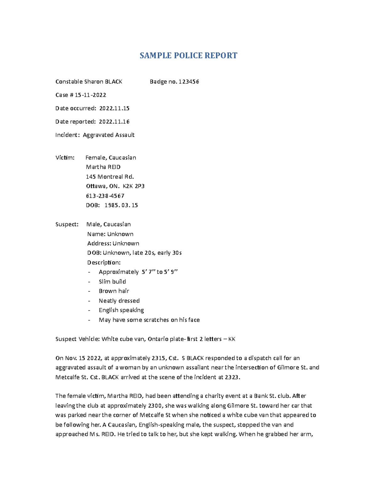 Police Report Sample #15-11: Aggravated Assault Case Analysis - Studocu