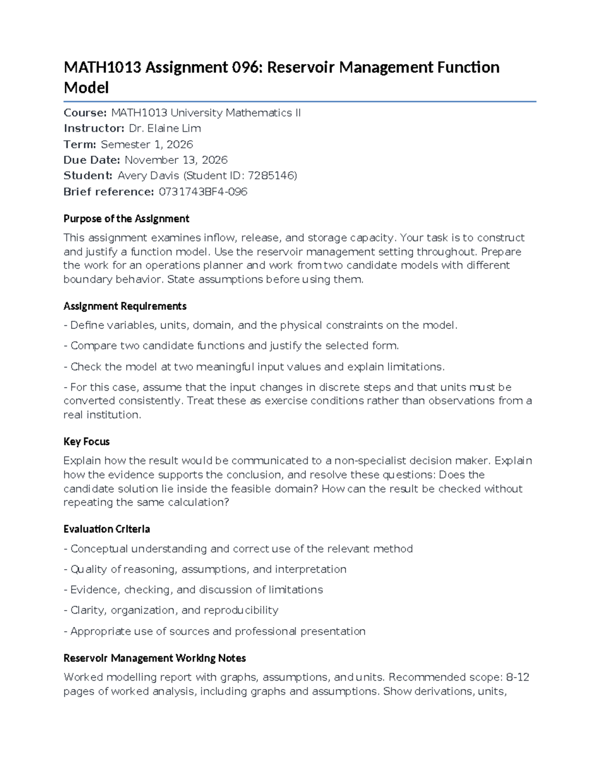 MATH1013 Assignment 096: Reservoir Management Function Model Analysis ...