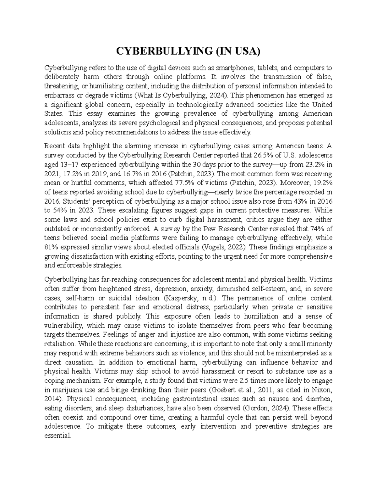CA5 - Problem Solution Essay on Cyberbullying in the USA: Causes ...