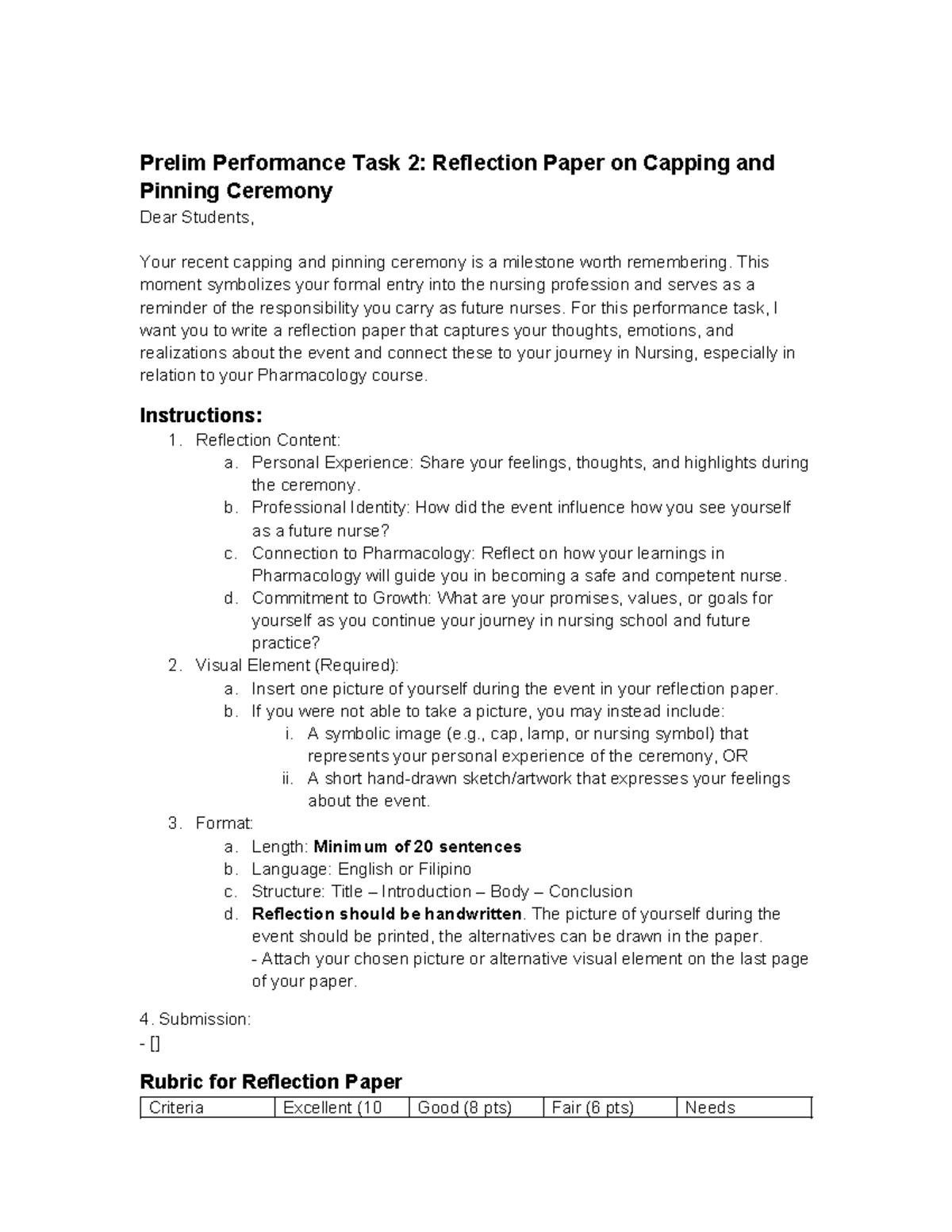 NUR 101: Reflection Paper on Capping & Pinning Ceremony - Studocu