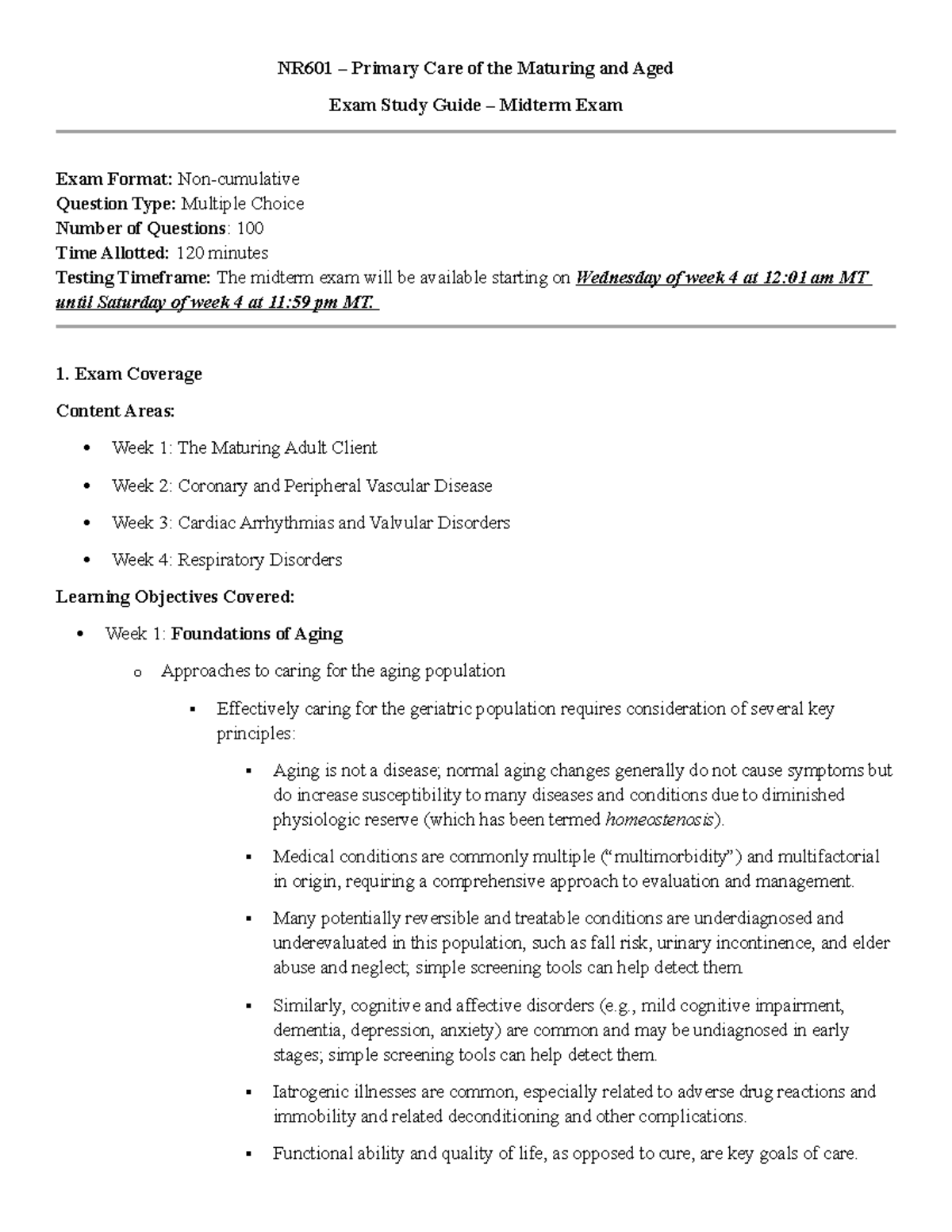 NR601 Midterm Exam Study Guide: Primary Care for Aging Adults - Studocu